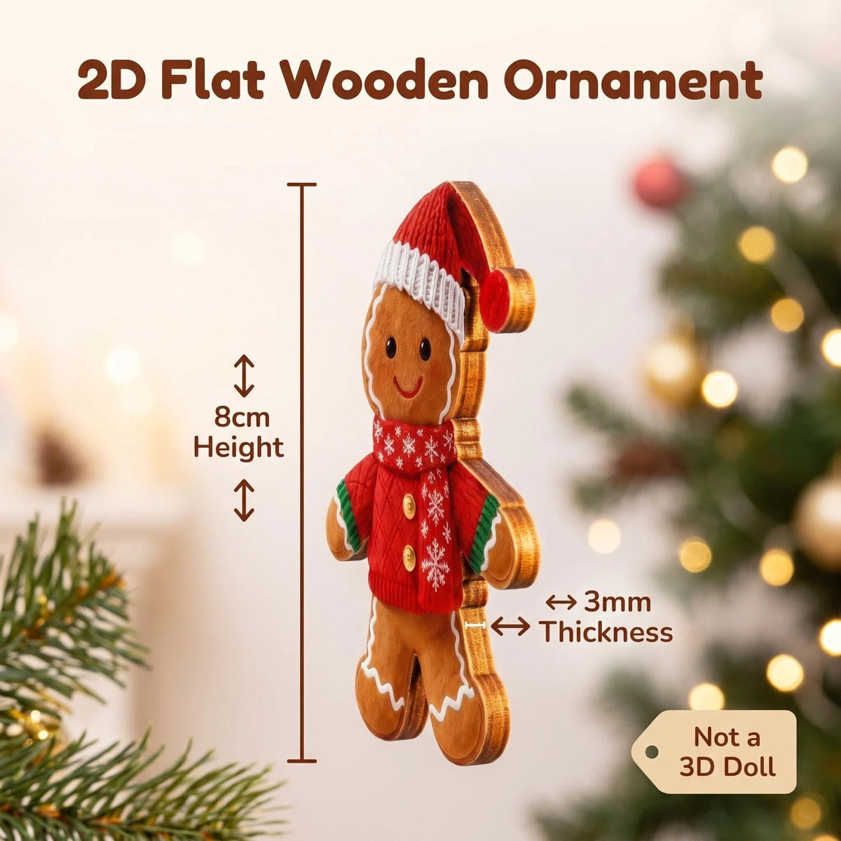 AdornJoy Gingerbread Man – Colorful 3mm Wooden Christmas Ornament, 2D Flat Gingerbread Tree Decoration, 18 Piece Sets