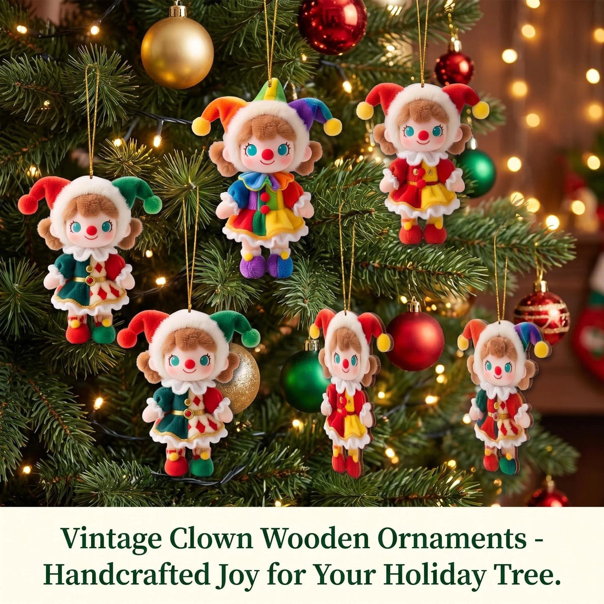 AdornJoy Colorful Circus Clown – 3mm Wooden Christmas Ornament, 2D Flat Circus-Themed Tree Decoration, 18 Piece Sets