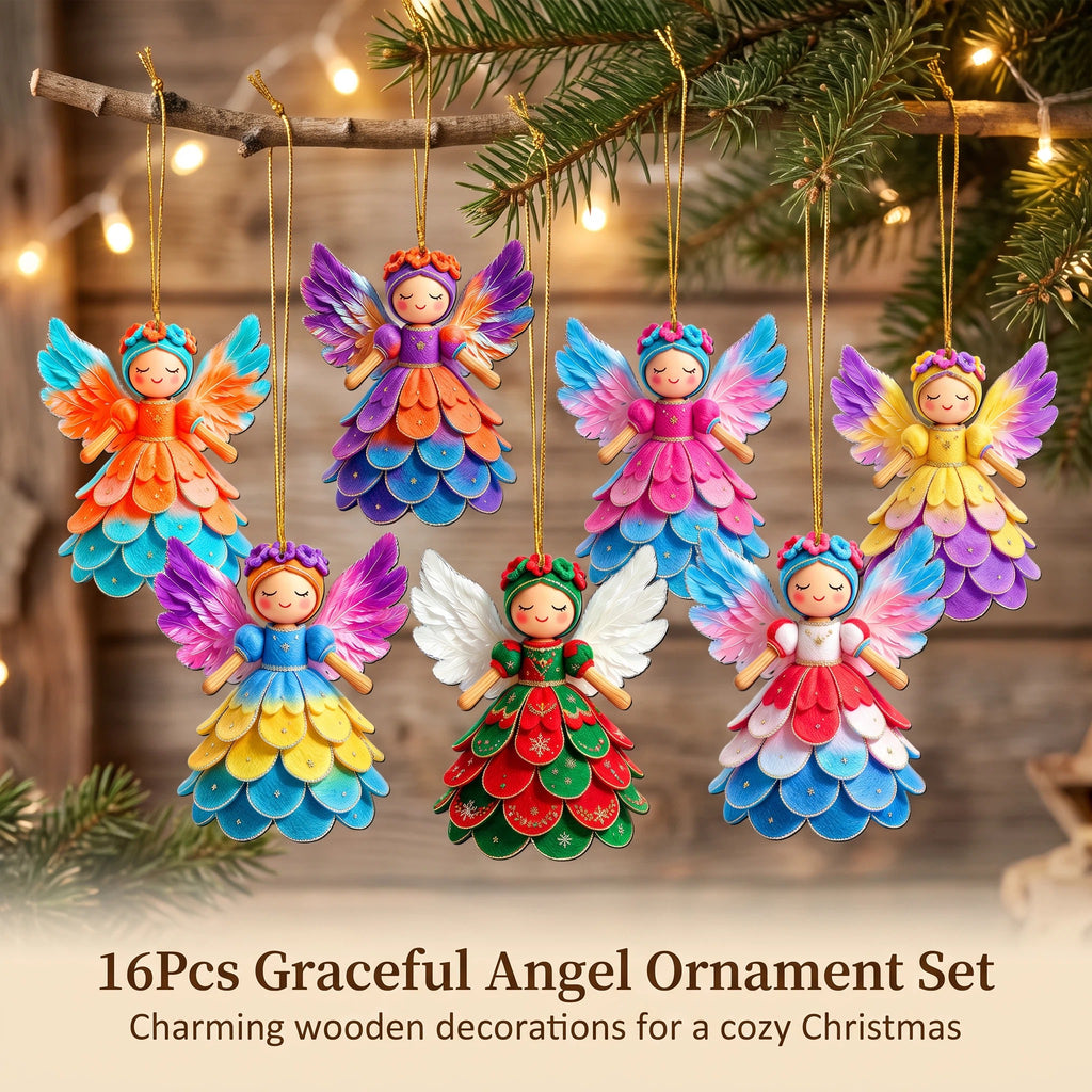 AdornJoy 18 Pcs Festive Angel Christmas Ornament Sets - 3mm Unique Wooden 2D Flat Angel Tree Ornaments