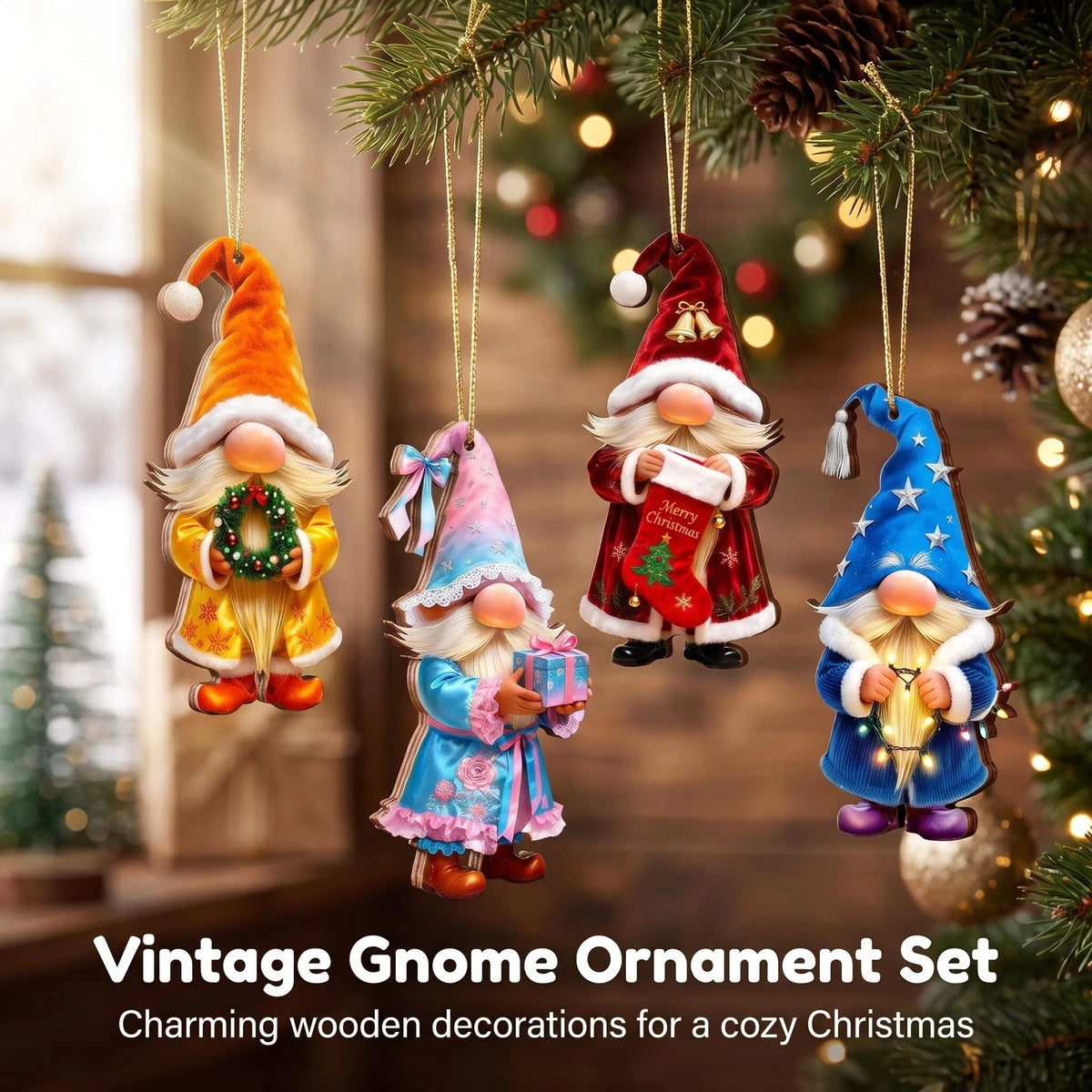 AdornJoy Vintage Santa Gnome – Retro 3mm Wooden Christmas Ornament, 2D Flat Santa Gnome Tree Decoration, 16 Piece Sets