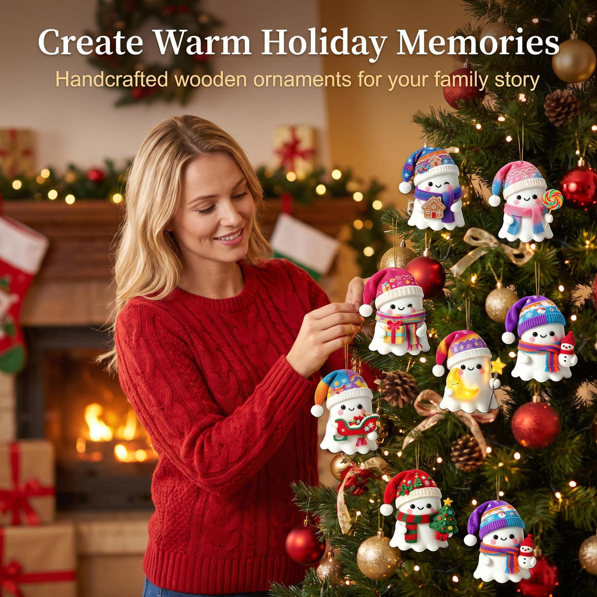 AdornJoy Ghost – 3mm Wooden Halloween & Christmas Ornament, 2D Flat Ghost Tree Decoration, 16 Piece Sets