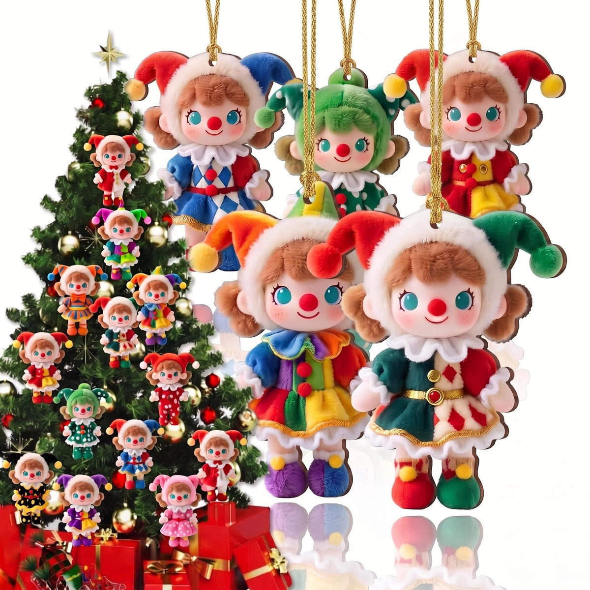AdornJoy Colorful Circus Clown – 3mm Wooden Christmas Ornament, 2D Flat Circus-Themed Tree Decoration, 18 Piece Sets