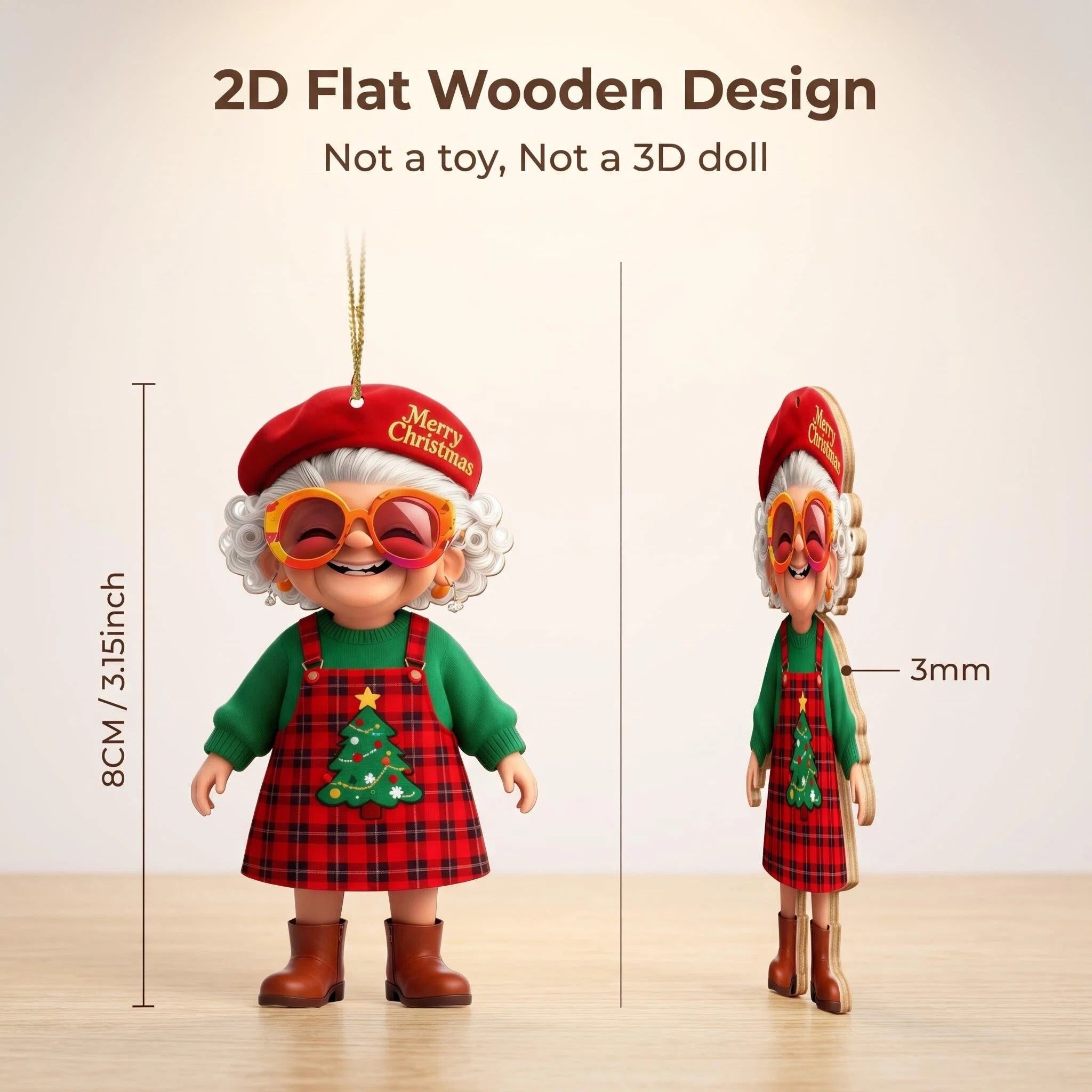 AdornJoy Vintage Grandma – Retro Printed 3mm Wooden Christmas Ornament, 2D Flat Grandma Tree Decoration, 18 Piece Sets