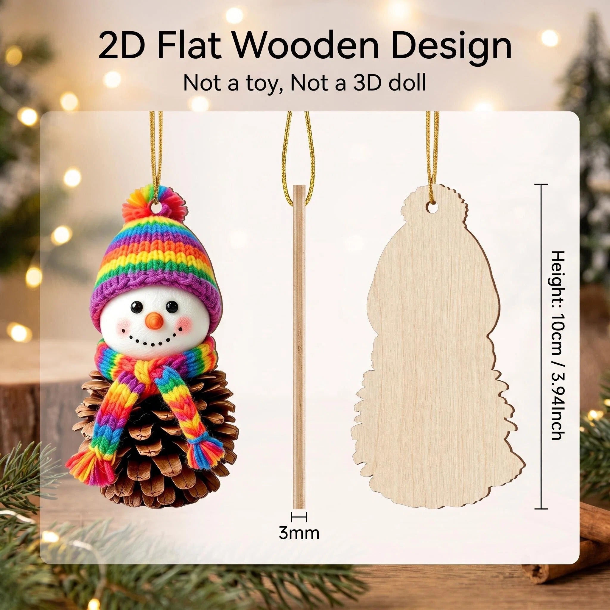 AdornJoy Rustic Snowman – 3mm Wooden Christmas Ornament, 2D Flat Snowman Tree Decoration, 16 Piece Sets