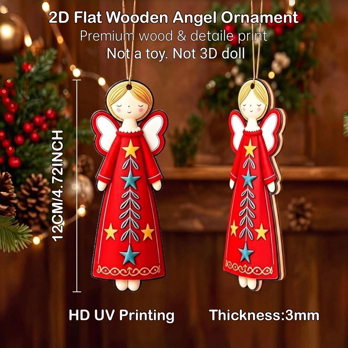 AdornJoy Colorful Angel – 12cm 3mm Wooden Christmas Ornament, 2D Flat Angel Tree Decoration, 18 Piece Sets