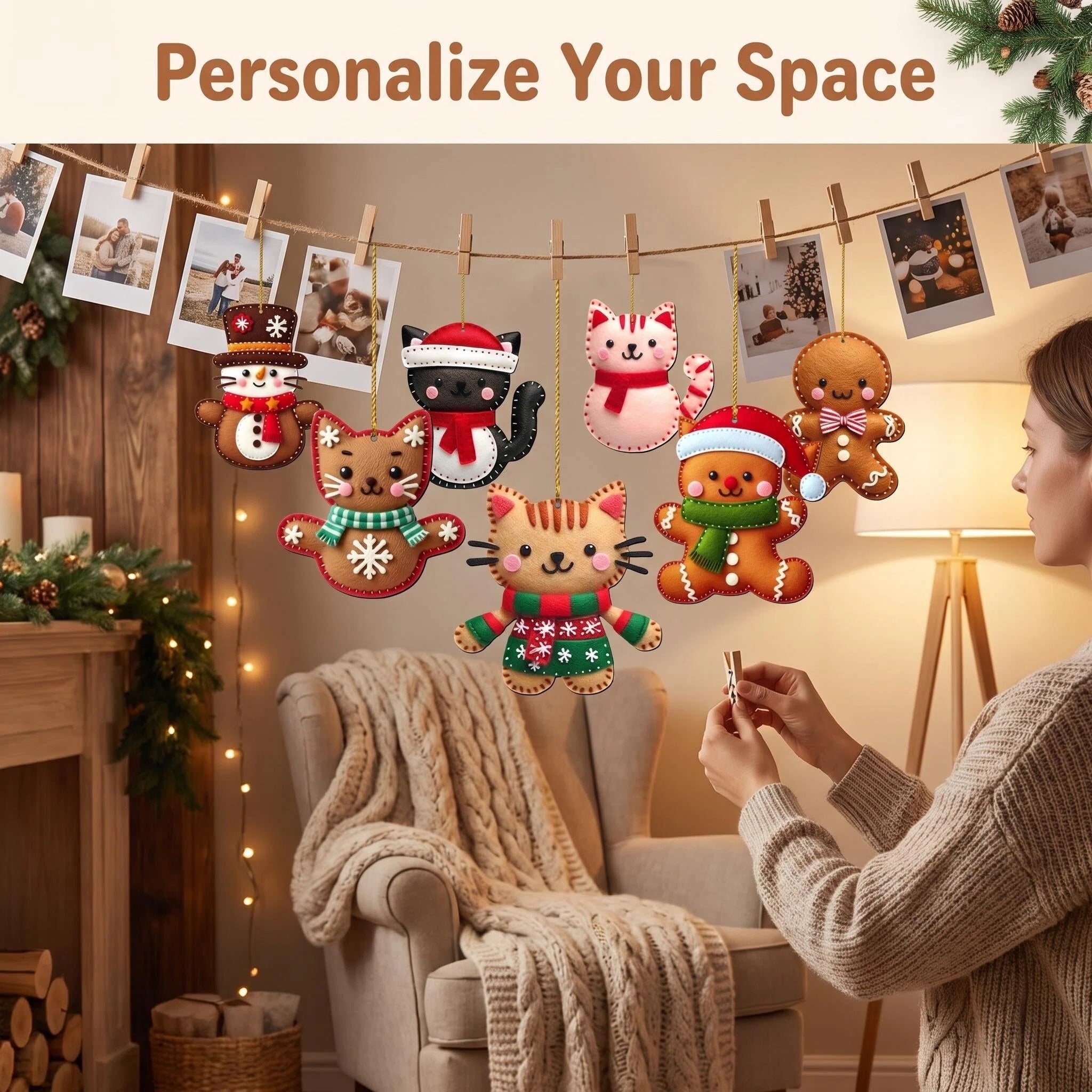 AdornJoy Gingerbread Cat – Cartoon 3mm Wooden Christmas Ornament, 2D Flat Cat Tree Decoration, 16 Piece Sets
