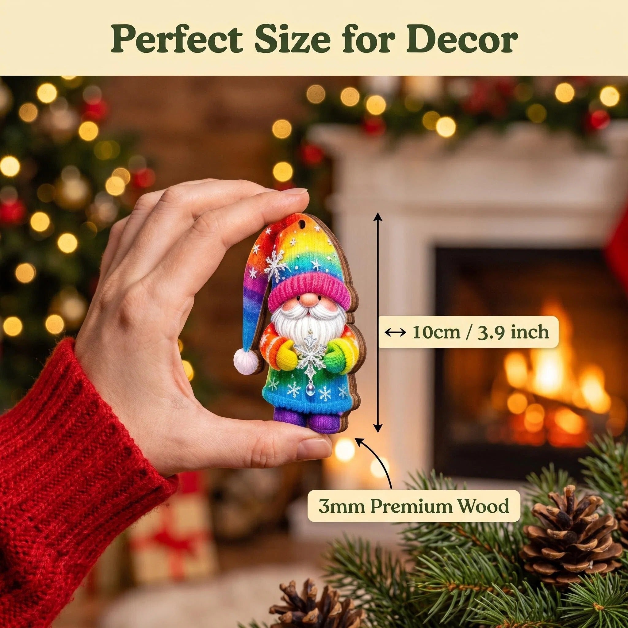 AdornJoy Rainbow Santa Gnome – Colorful 3mm Wooden Christmas Ornament, 2D Flat Santa Gnome Tree Decoration, 16 Piece Sets