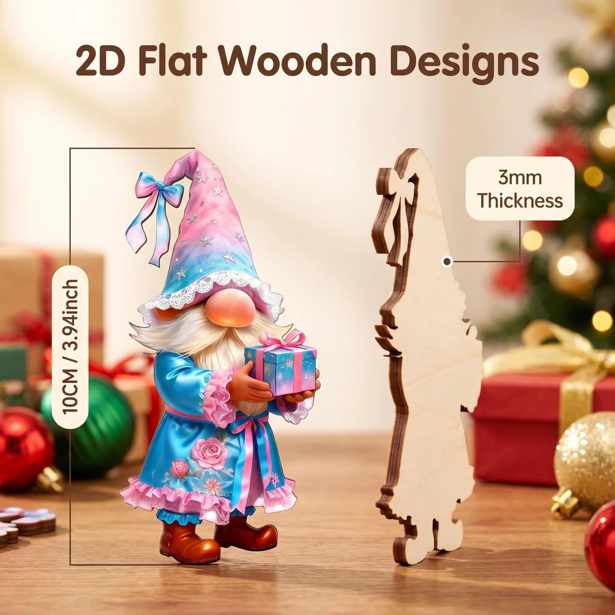 AdornJoy Vintage Santa Gnome – Retro 3mm Wooden Christmas Ornament, 2D Flat Santa Gnome Tree Decoration, 16 Piece Sets