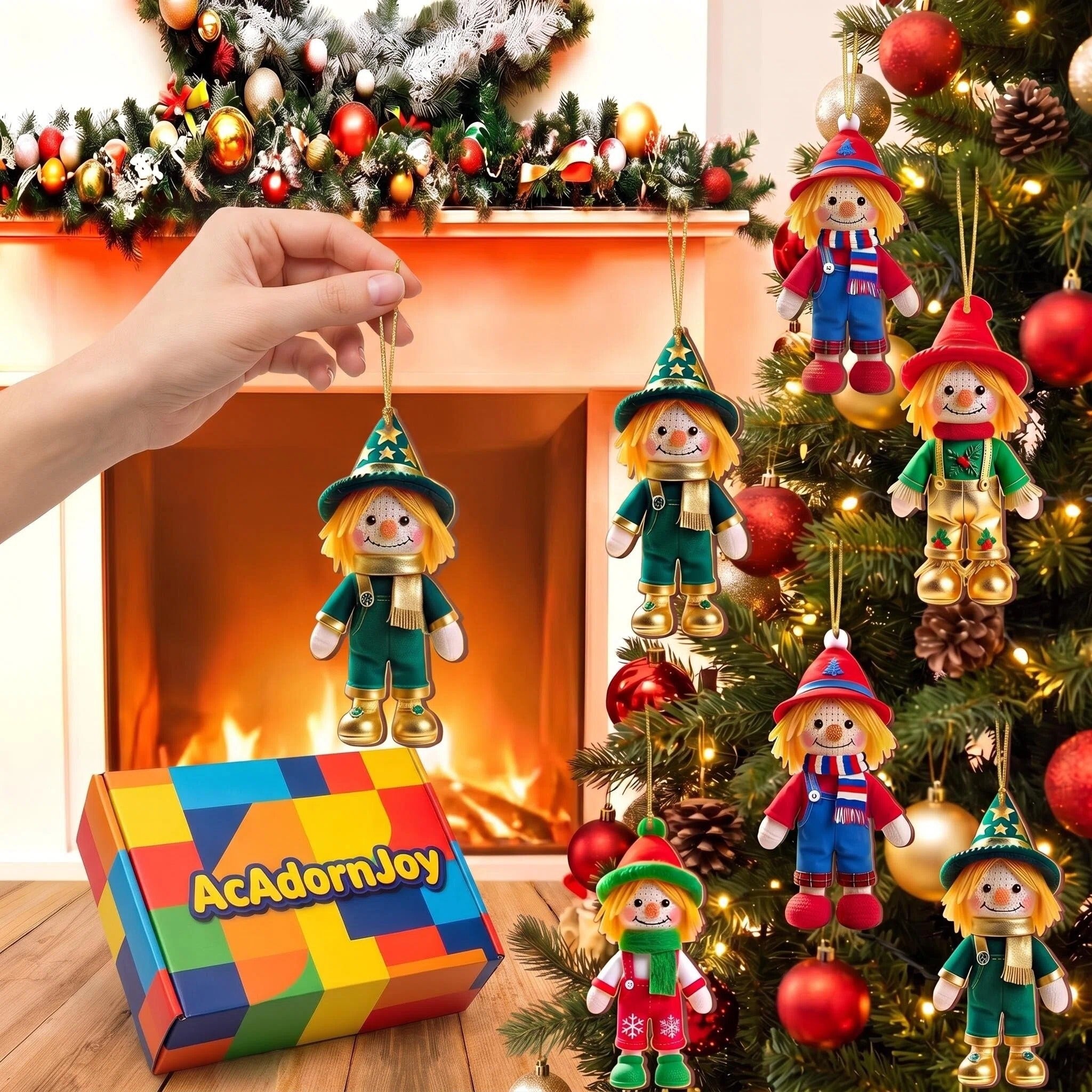 AdornJoy Rustic Scarecrow – 3mm Wooden Halloween & Christmas Ornament, 2D Flat Farmhouse Tree Decoration, 18 Piece Sets