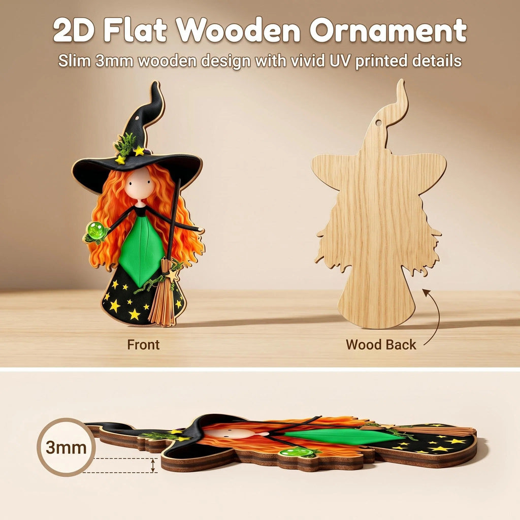 AdornJoy Festive Witch – 3mm Wooden Halloween & Christmas Ornament, 2D Flat Witch Tree Decoration, 16 Piece Sets