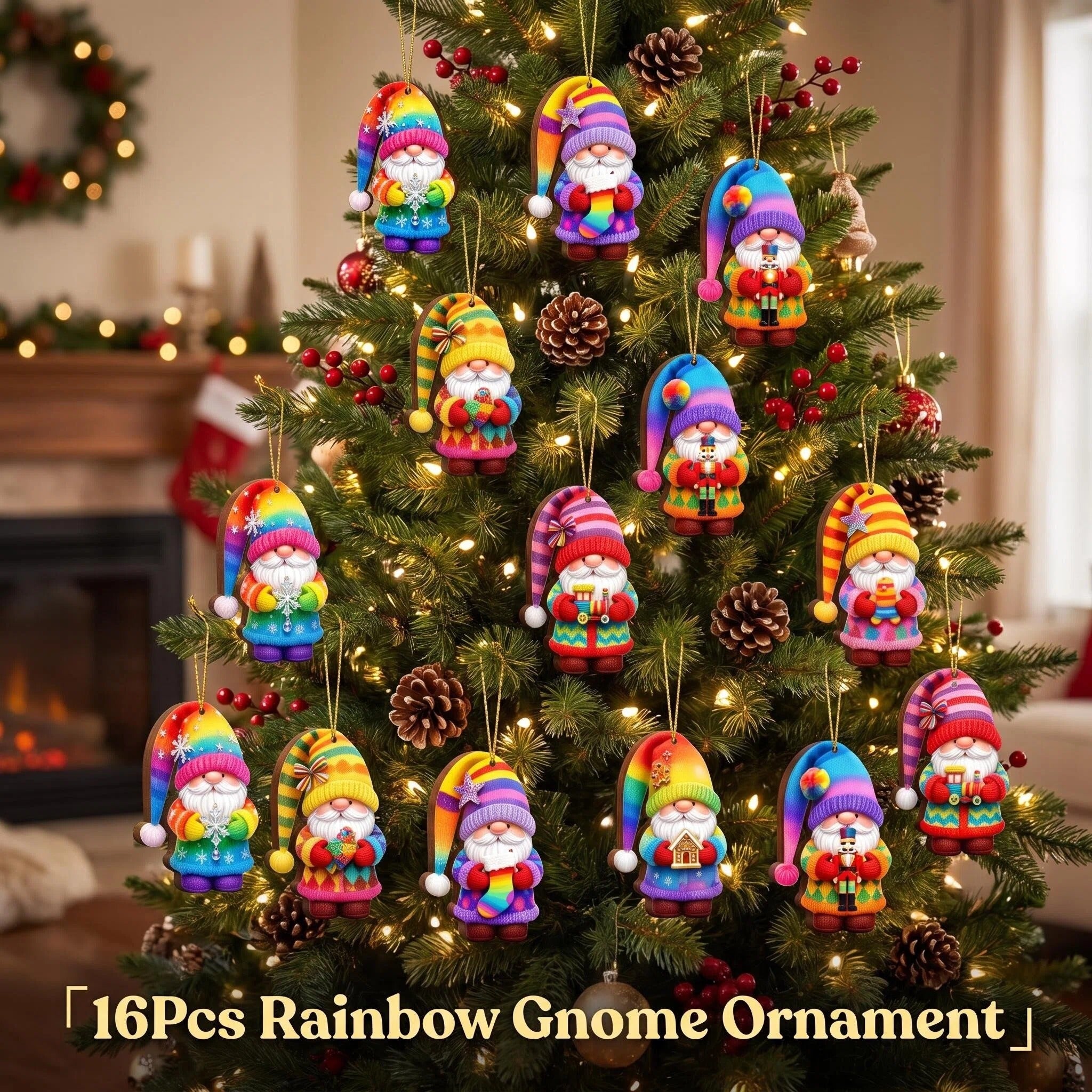 AdornJoy Rainbow Santa Gnome – Colorful 3mm Wooden Christmas Ornament, 2D Flat Santa Gnome Tree Decoration, 16 Piece Sets