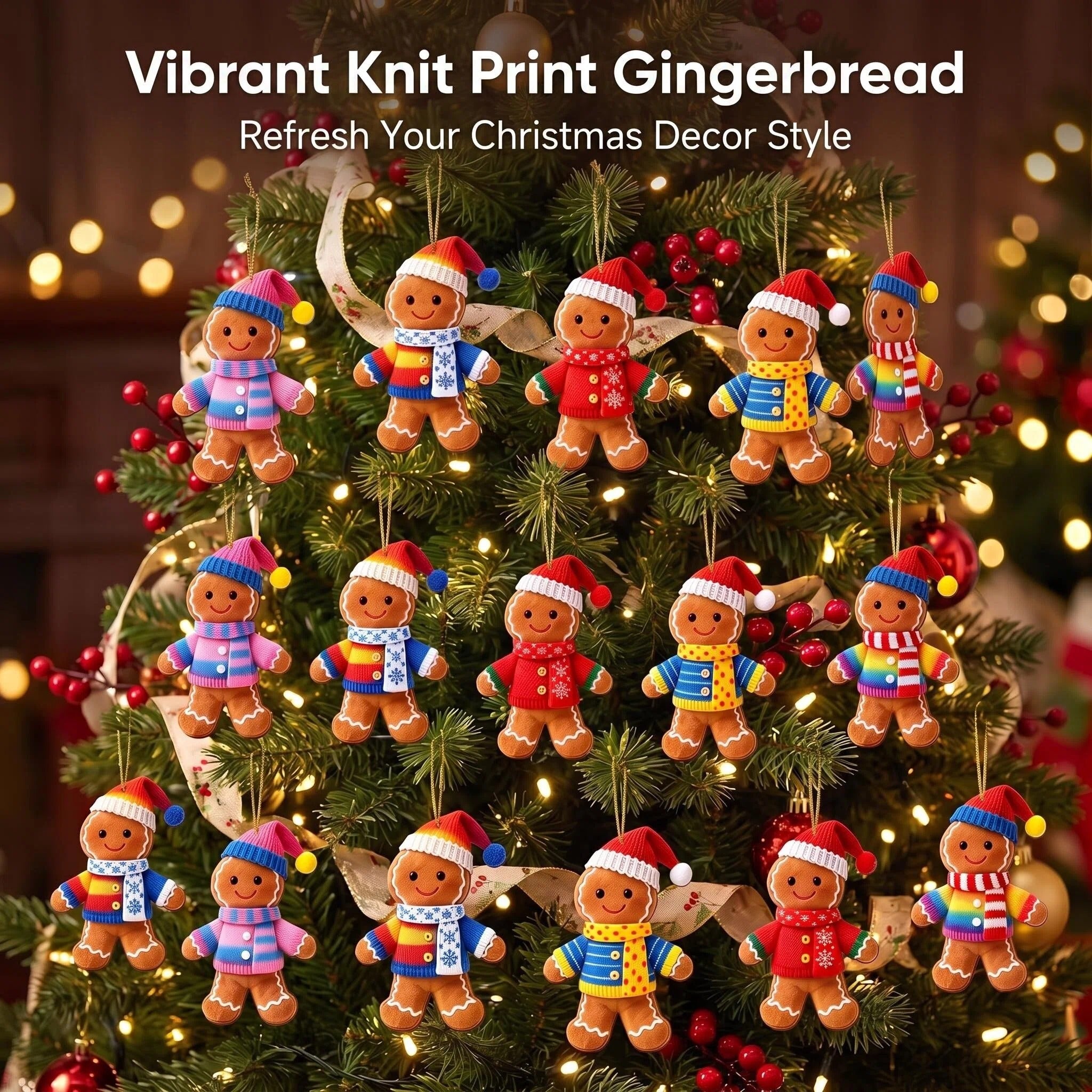 AdornJoy Gingerbread Man – Colorful 3mm Wooden Christmas Ornament, 2D Flat Gingerbread Tree Decoration, 18 Piece Sets