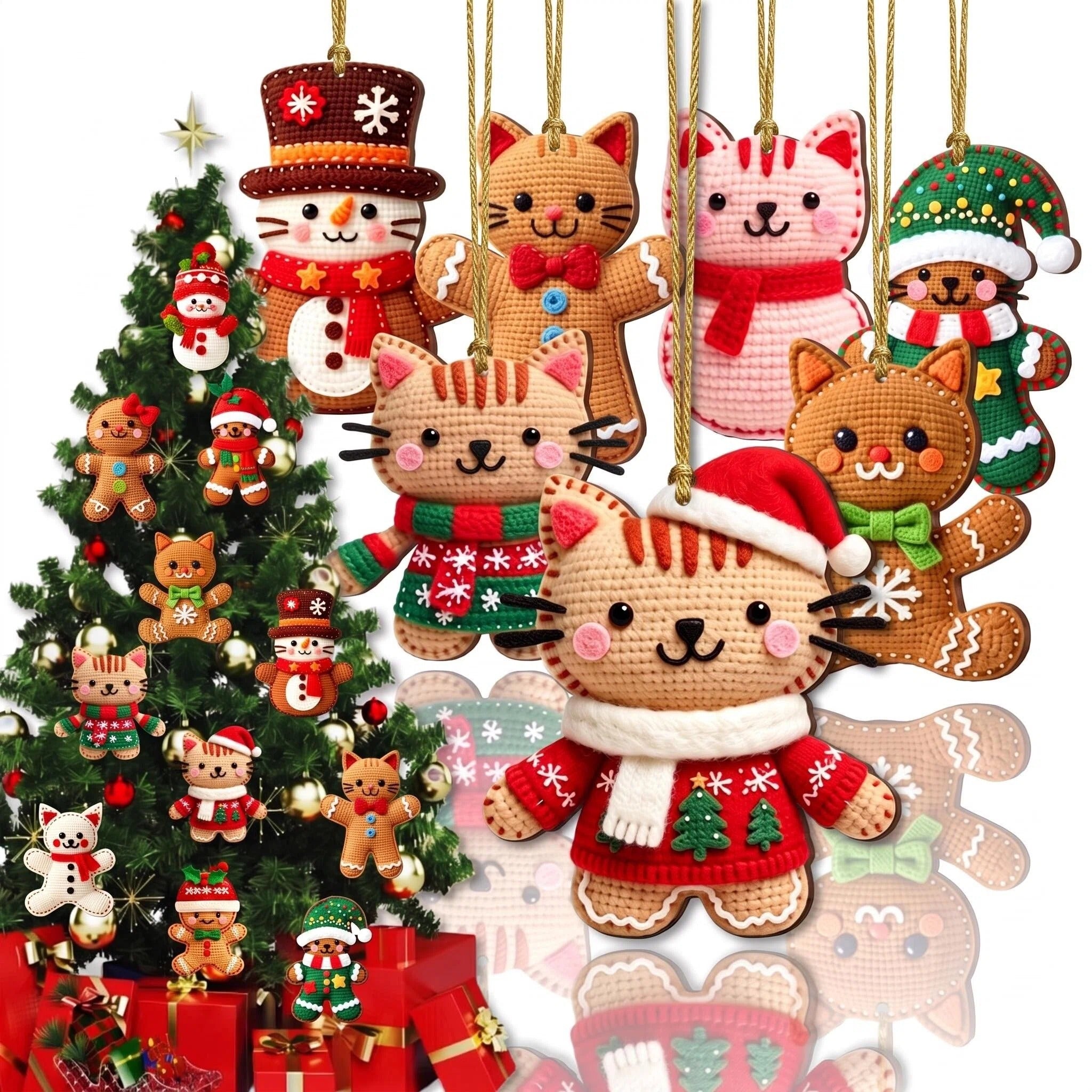 AdornJoy Colorful Gingerbread Cat – 3mm Wooden Christmas Ornament, 2D Flat Cat Tree Decoration, 16 Piece Sets