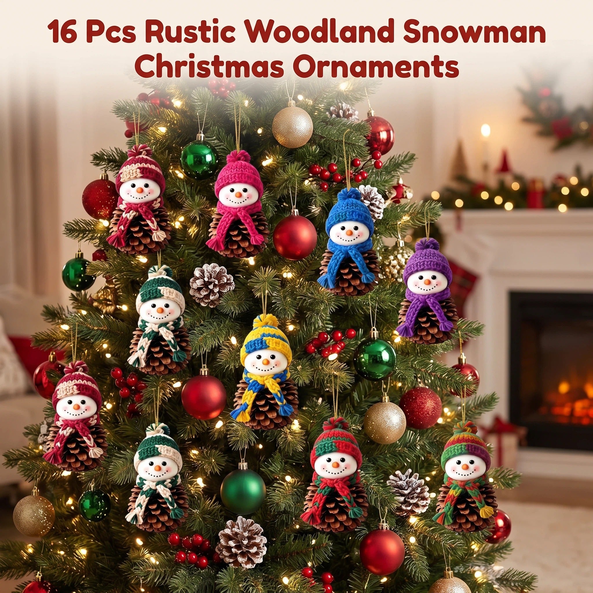 AdornJoy Pinecone Snowman – Printed 3mm Wooden Christmas Ornament, 2D Flat Snowman Tree Decoration, Rustic Woodland Style, 16 Piece Sets
