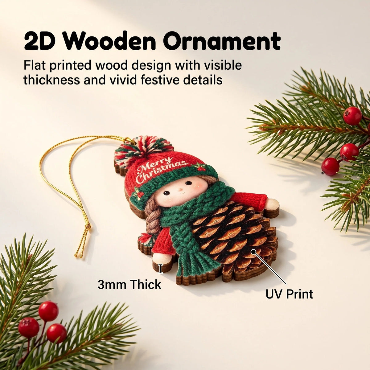 AdornJoy Rustic Snowman – 3mm Wooden Christmas Ornament, 2D Flat Snowman Tree Decoration, 16 Piece Sets