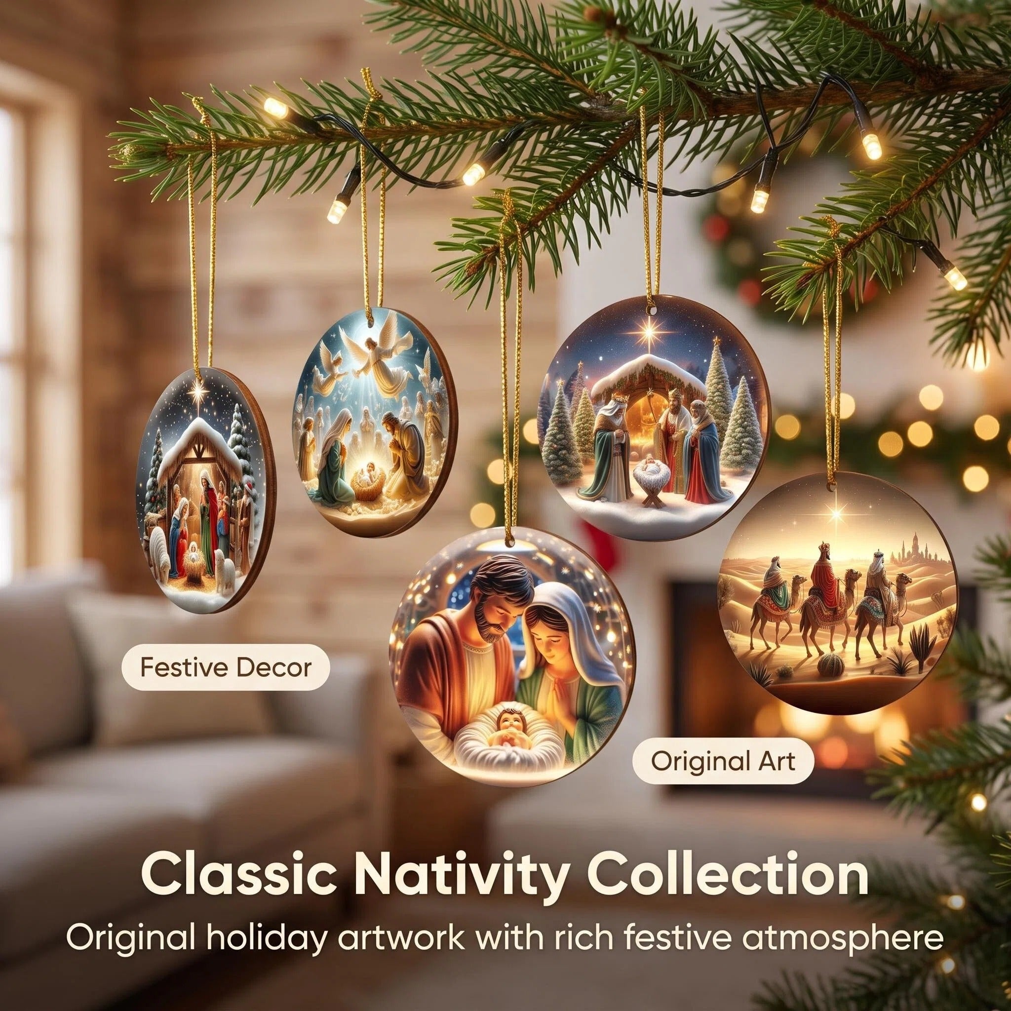AdornJoy Nativity Scene – 3mm Wooden Christmas Ornament, 2D Flat Holy Family Tree Decoration, 18 Piece Sets