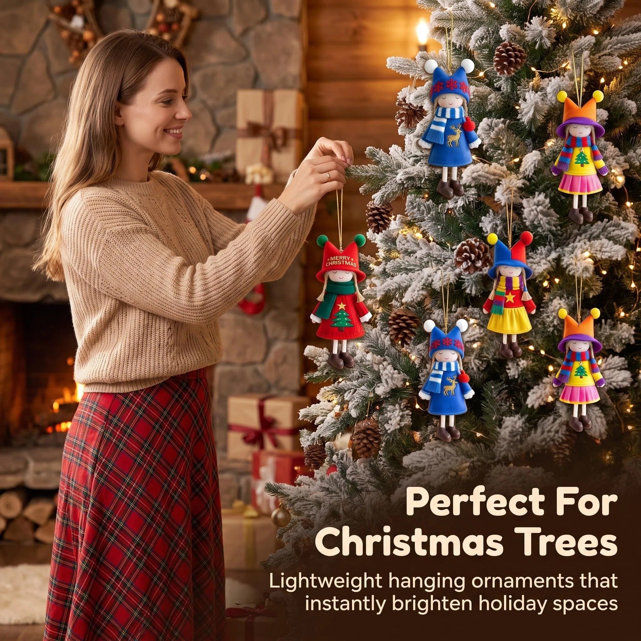 AdornJoy Festive Girl – 3mm Wooden Christmas Ornament, 2D Flat Girl Tree Decoration, 16 Piece Sets