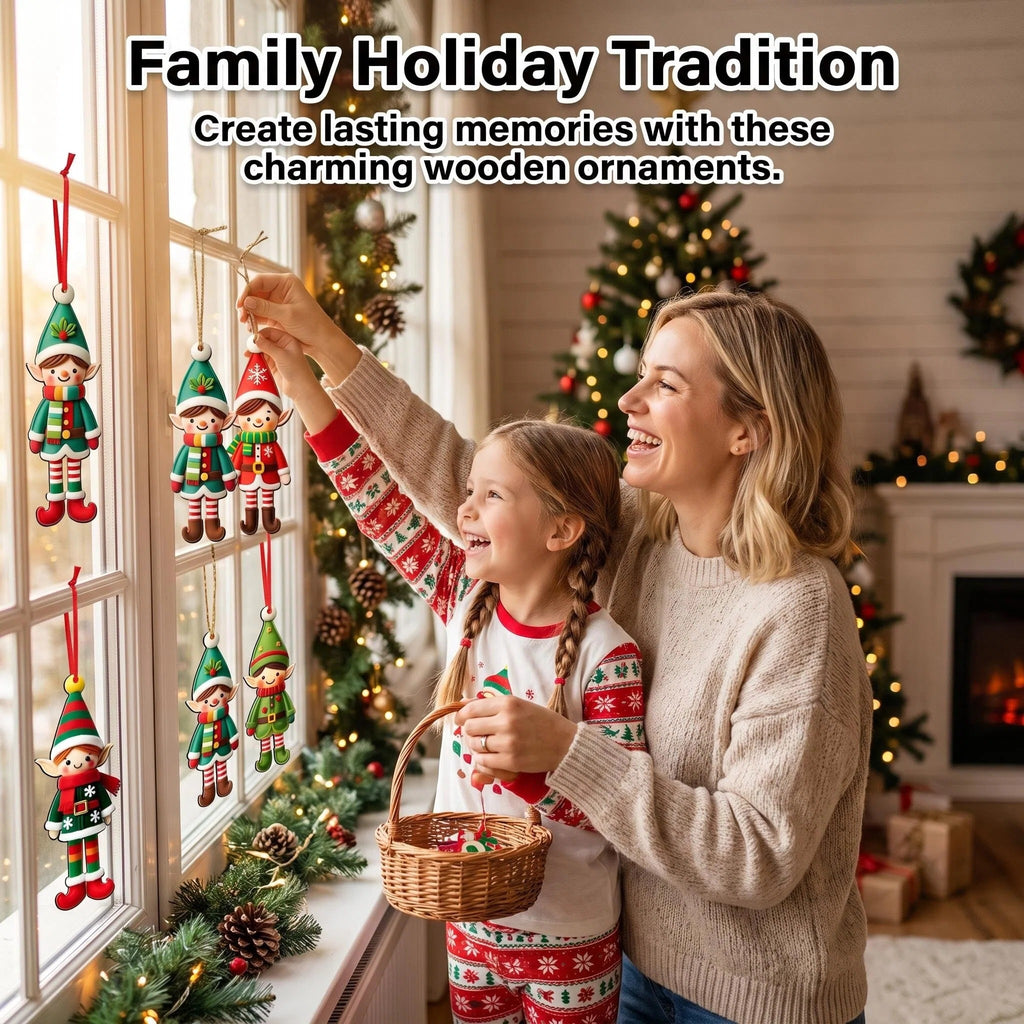 AdornJoy 15 Pcs Vibrant Elf Christmas Ornament Sets - 3mm Colorful Wooden 2D Flat Elf Tree Ornaments