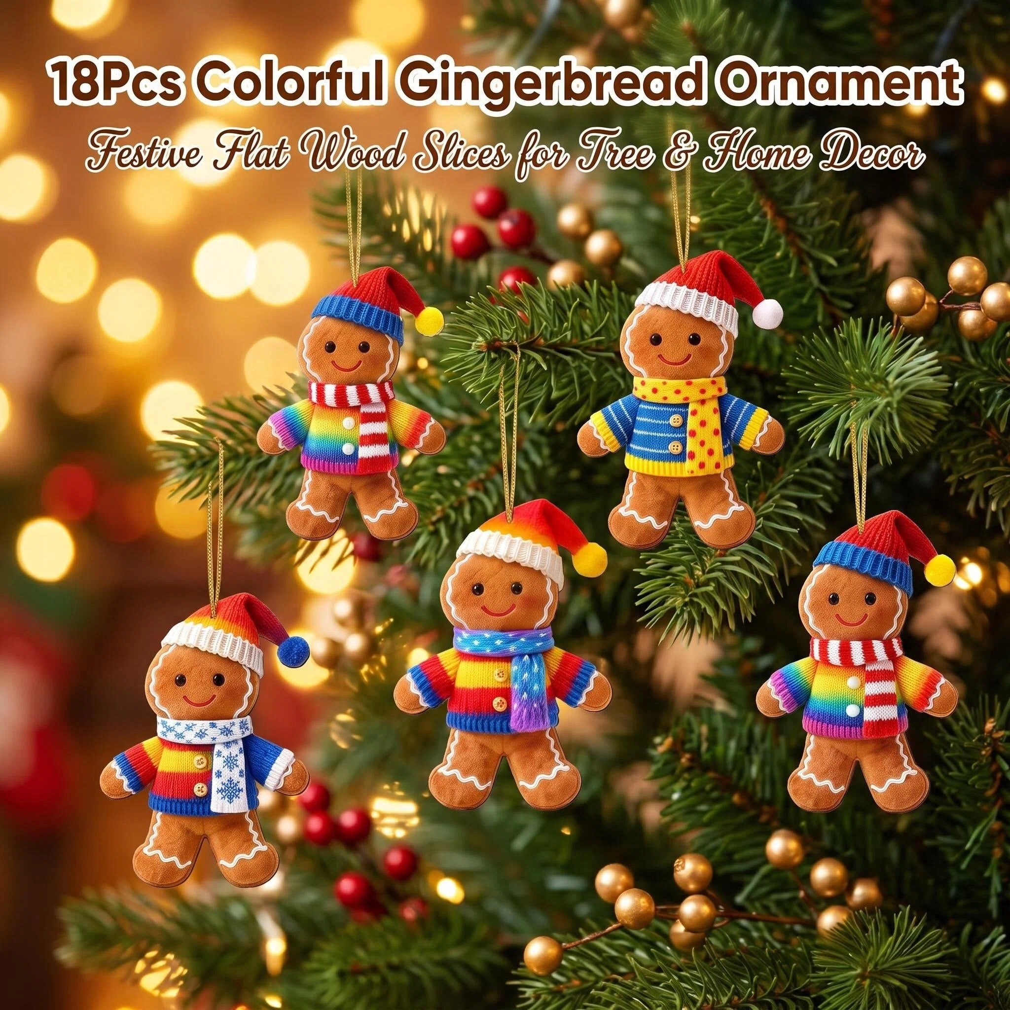 AdornJoy Gingerbread Man – Colorful 3mm Wooden Christmas Ornament, 2D Flat Gingerbread Tree Decoration, 18 Piece Sets