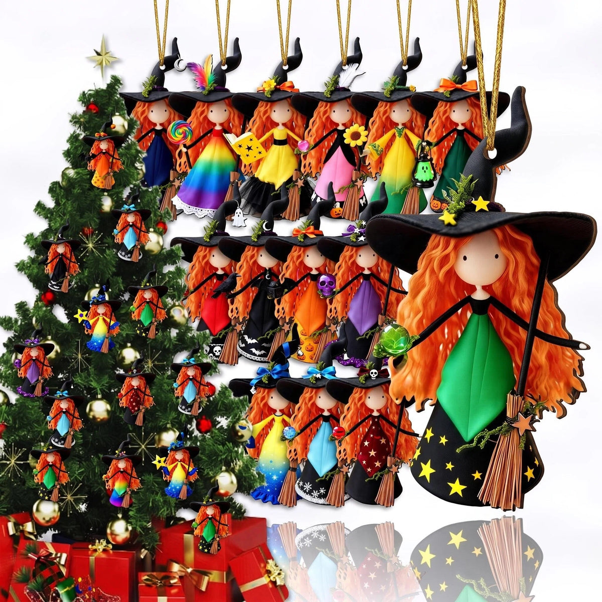 AdornJoy Festive Witch – 3mm Wooden Halloween & Christmas Ornament, 2D Flat Witch Tree Decoration, 16 Piece Sets