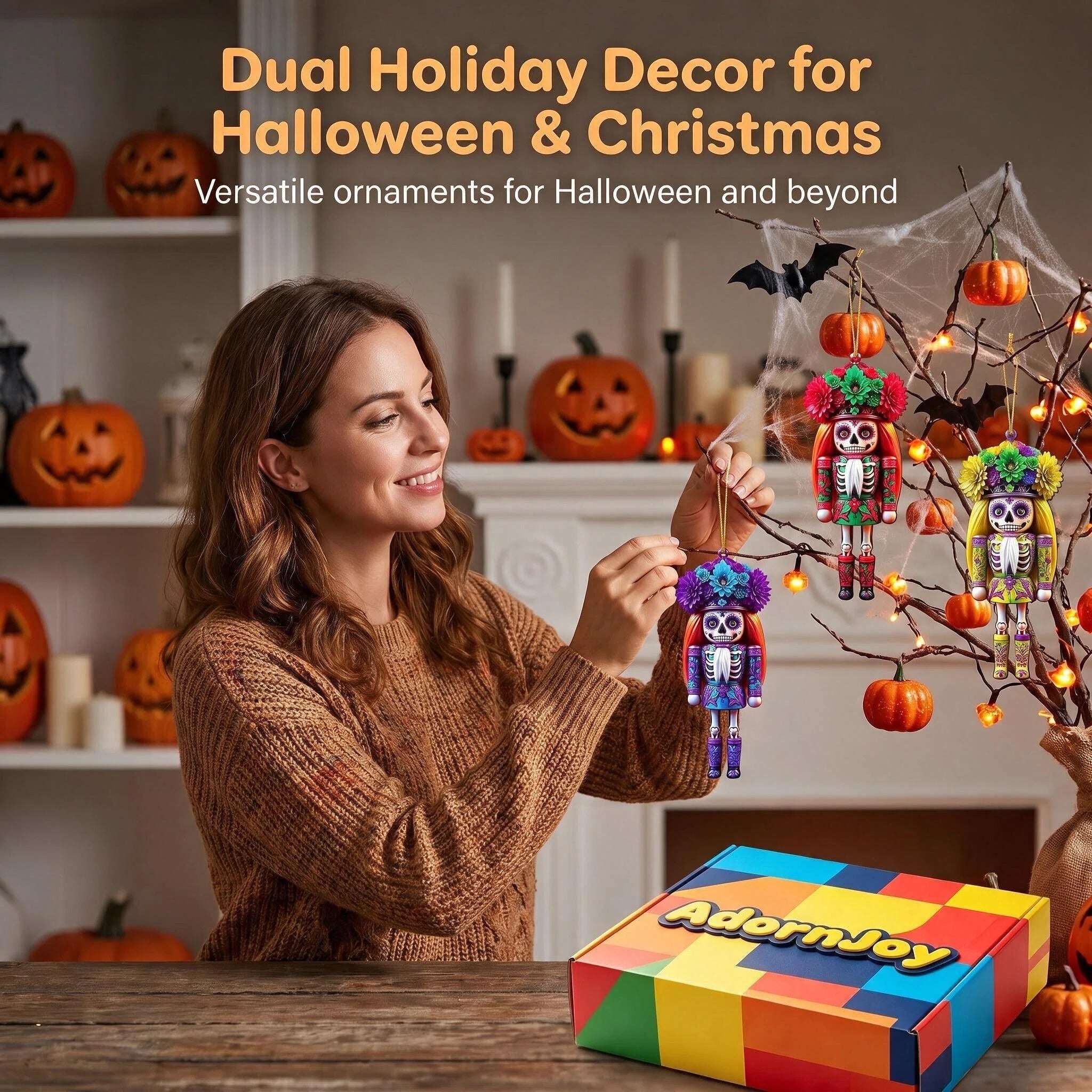 AdornJoy Sugar Skull Nutcracker – 3mm Wooden Christmas Ornament, 2D Flat Nutcracker Tree Decoration, 16 Piece Sets