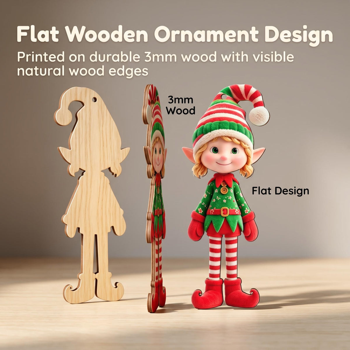 AdornJoy - Vibrant Elf – Colorful 3mm Wooden Christmas Ornament, 2D Flat Elf Tree Decoration, 15 Piece Sets