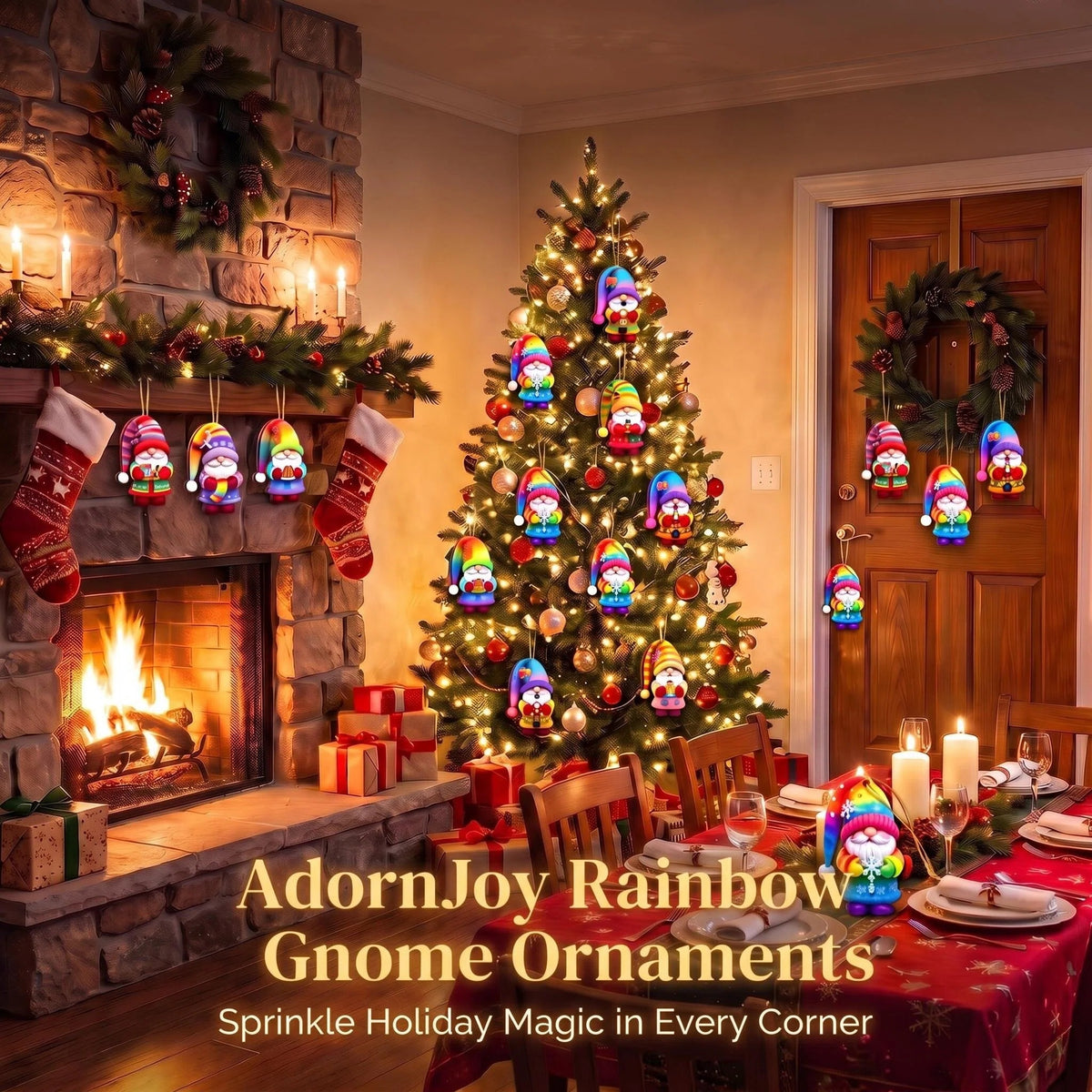 AdornJoy Rainbow Santa Gnome – Colorful 3mm Wooden Christmas Ornament, 2D Flat Santa Gnome Tree Decoration, 16 Piece Sets