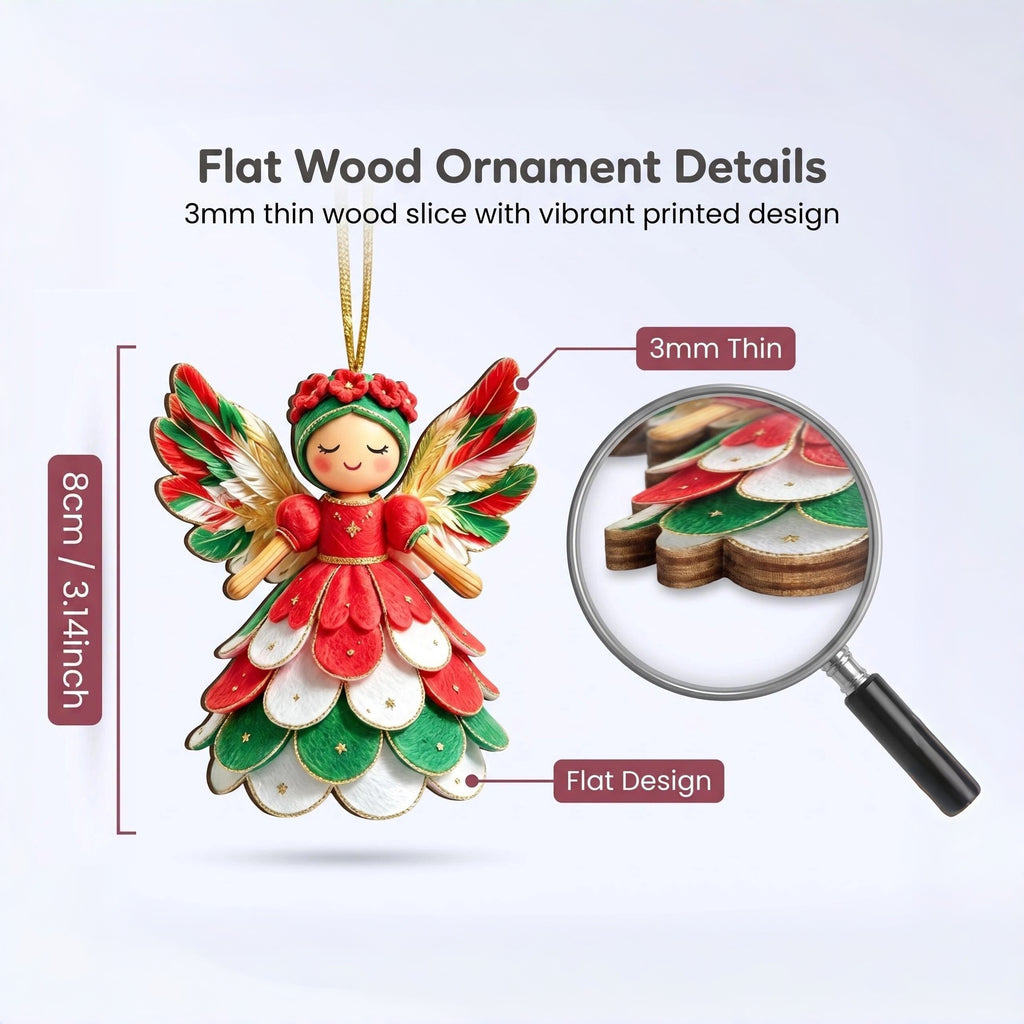 AdornJoy 18 Pcs Festive Angel Christmas Ornament Sets - 3mm Unique Wooden 2D Flat Angel Tree Ornaments