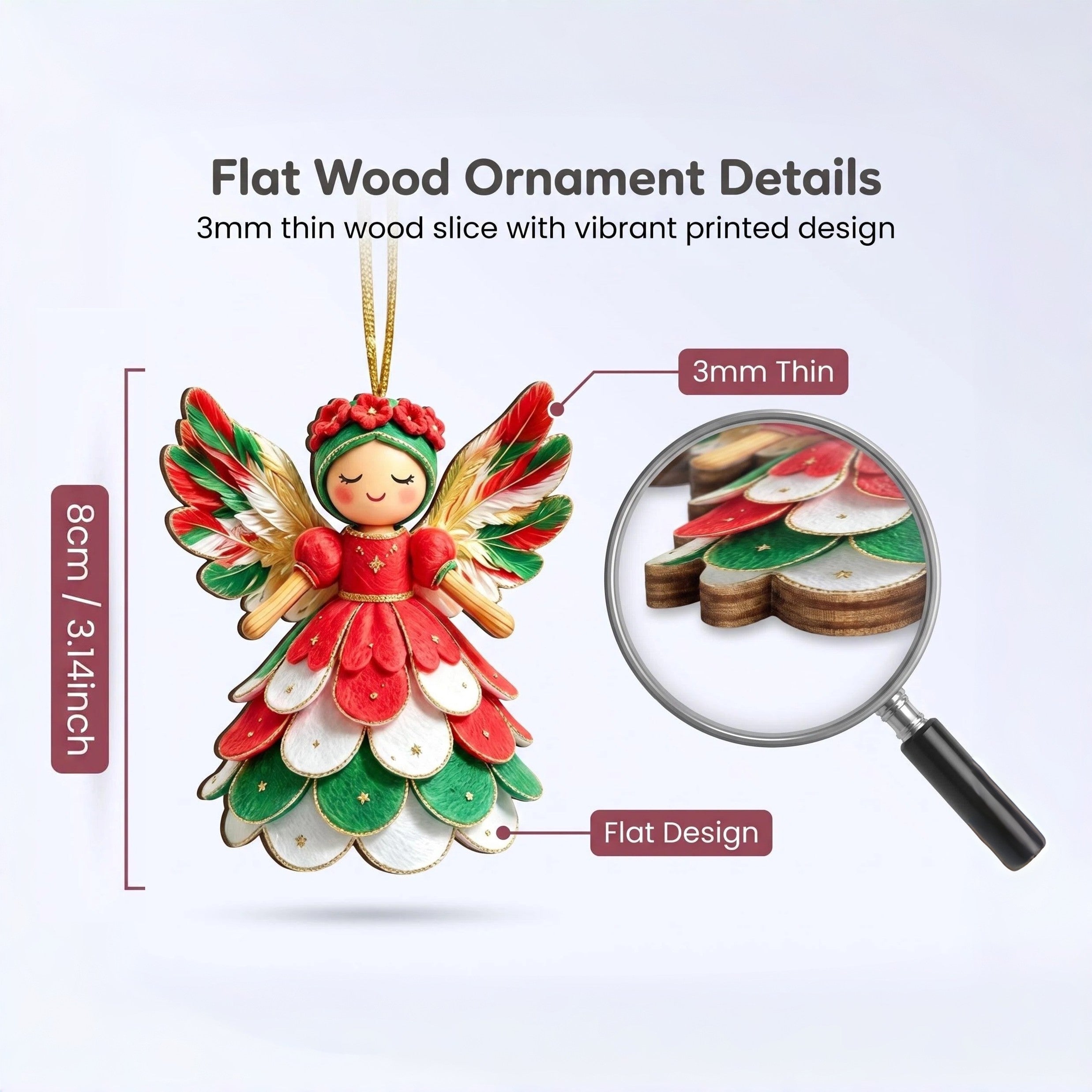 AdornJoy Festive Angel – Unique 3mm Wooden Christmas Ornament, 2D Flat Angel Tree Decoration, 18 Piece Sets