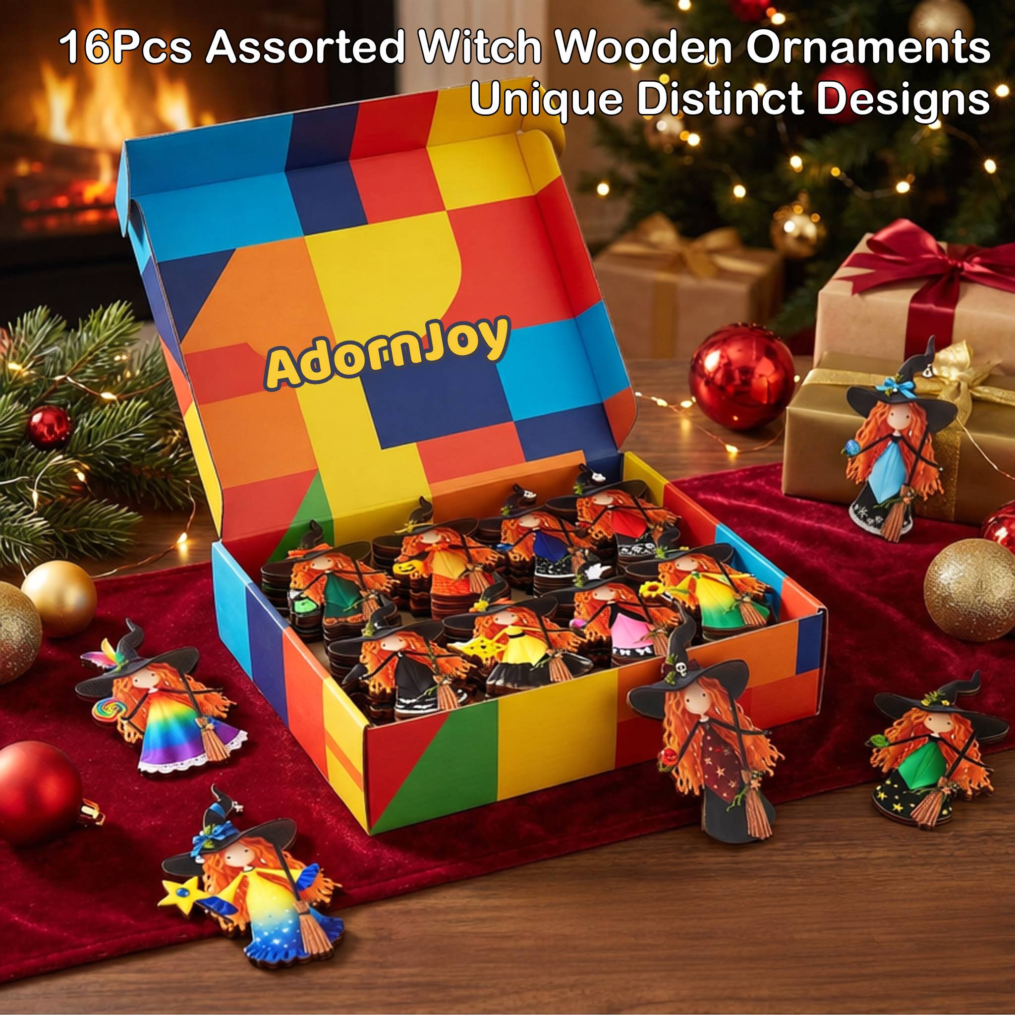 AdornJoy Festive Witch – 3mm Wooden Halloween & Christmas Ornament, 2D Flat Witch Tree Decoration, 16 Piece Sets