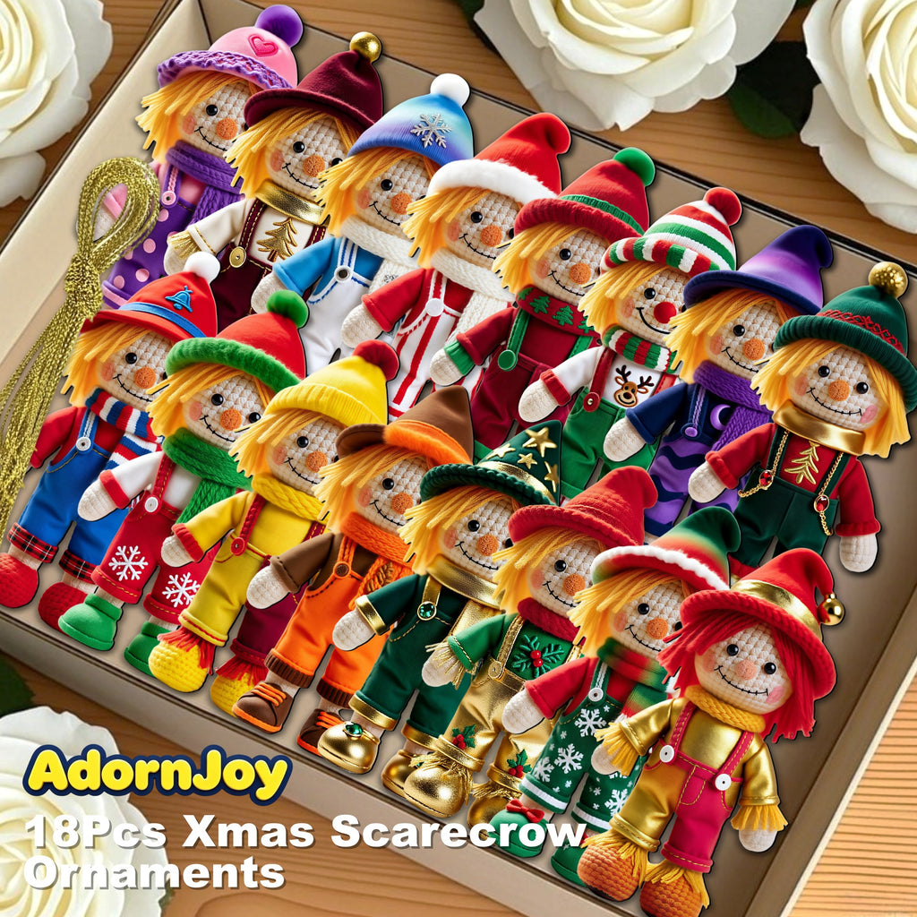 AdornJoy Rustic Scarecrow – 3mm Wooden Halloween & Christmas Ornament, 2D Flat Farmhouse Tree Decoration, 18 Piece Sets