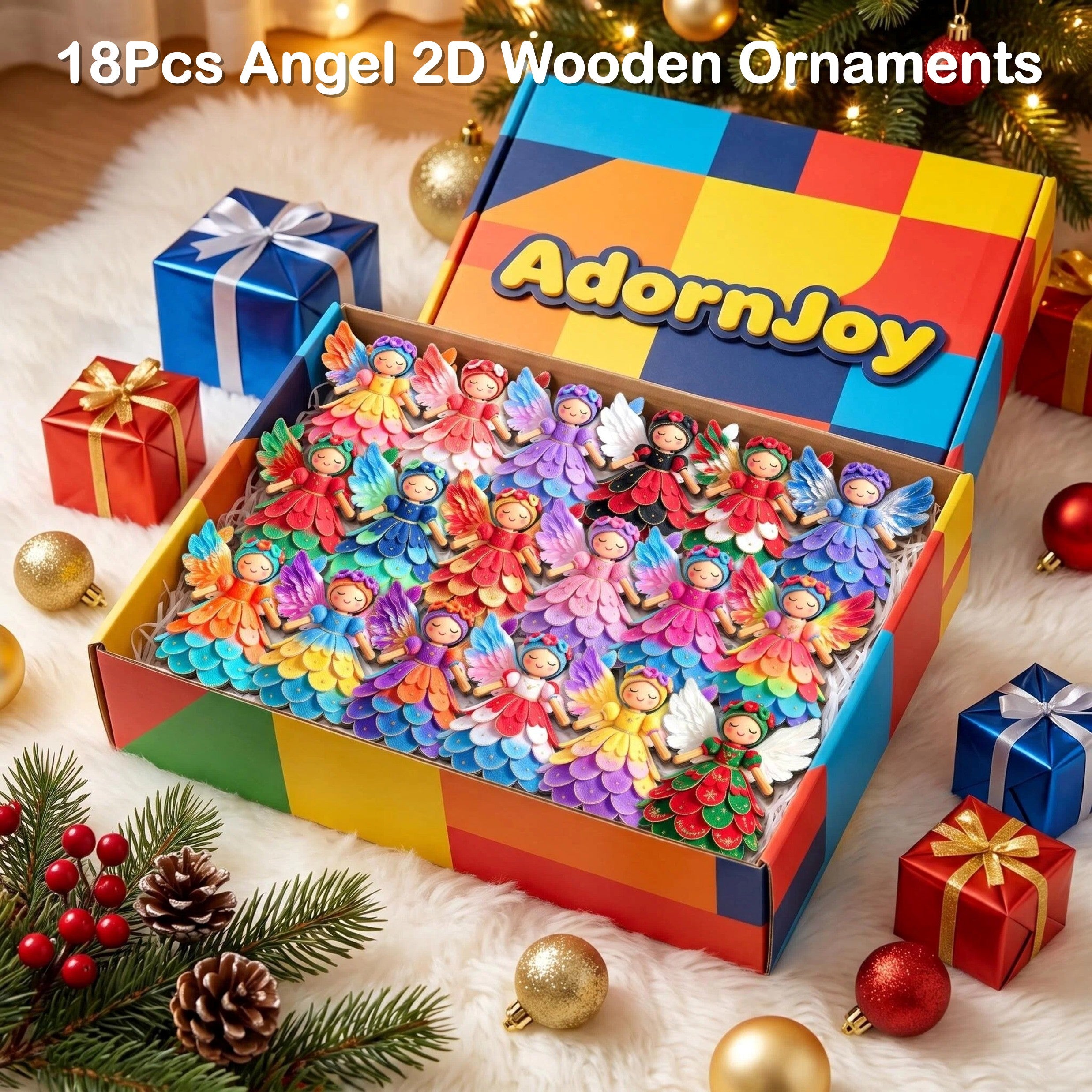 AdornJoy Festive Angel – Unique 3mm Wooden Christmas Ornament, 2D Flat Angel Tree Decoration, 18 Piece Sets