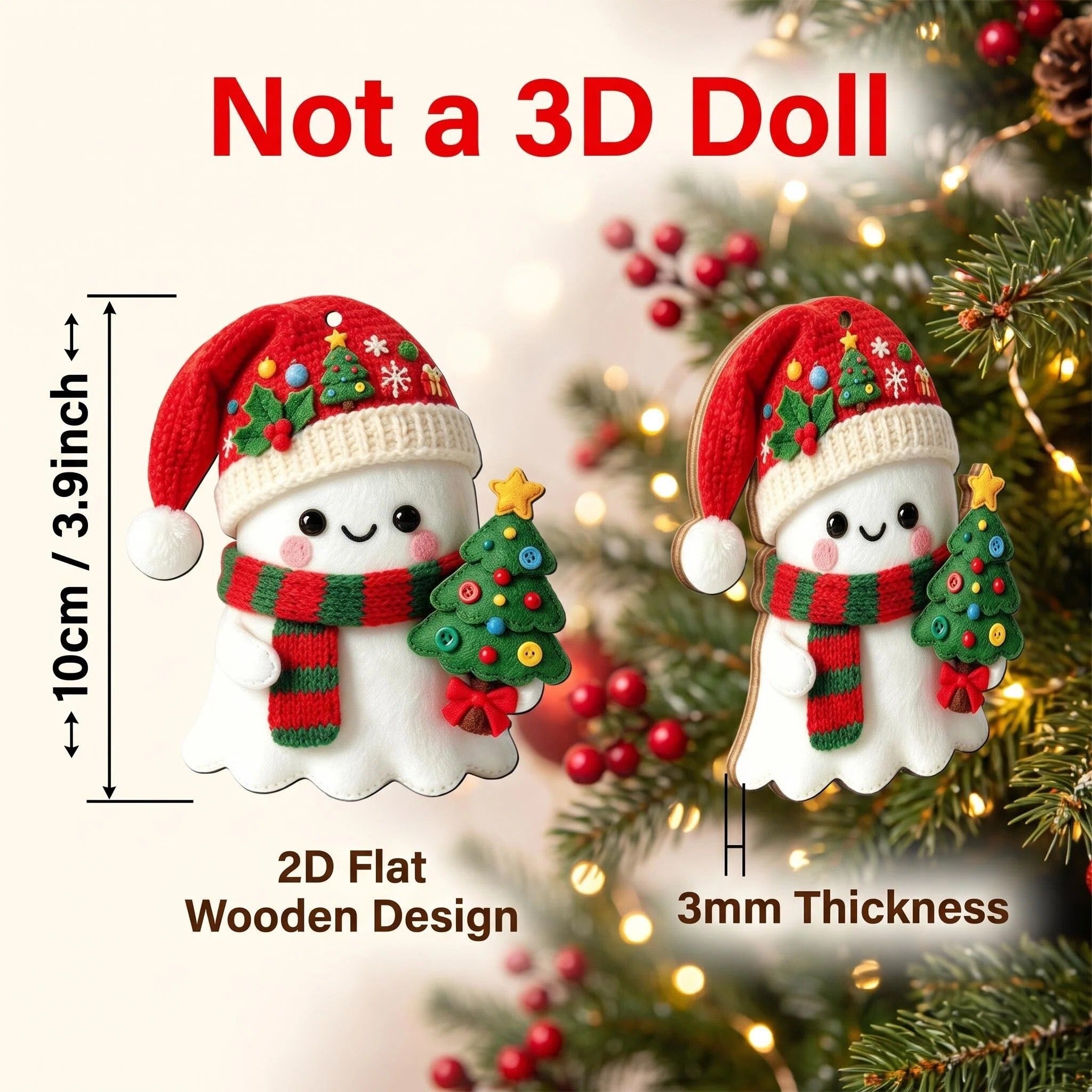 AdornJoy Ghost – 3mm Wooden Halloween & Christmas Ornament, 2D Flat Ghost Tree Decoration, 16 Piece Sets
