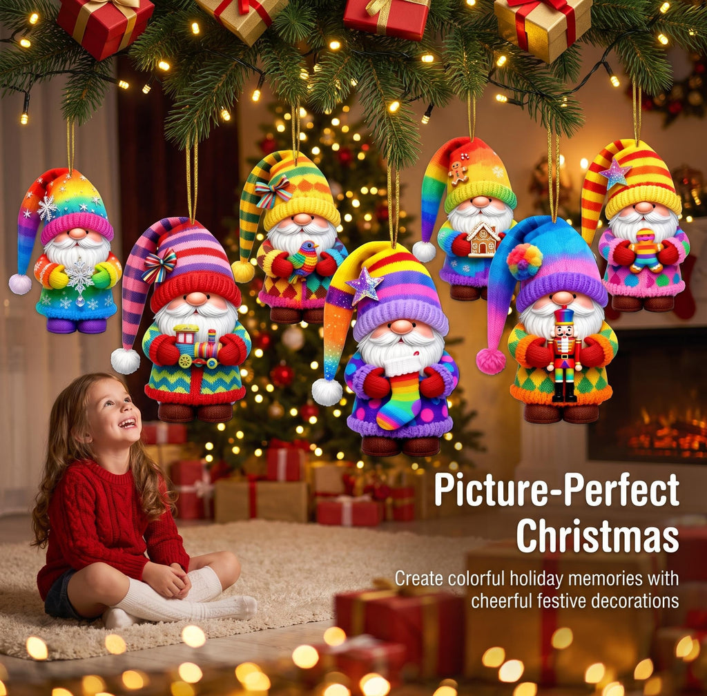 AdornJoy 16 Pcs Rainbow Santa Gnome Christmas Ornament Sets - 3mm Colorful Wooden 2D Flat Santa Gnome Tree Ornaments
