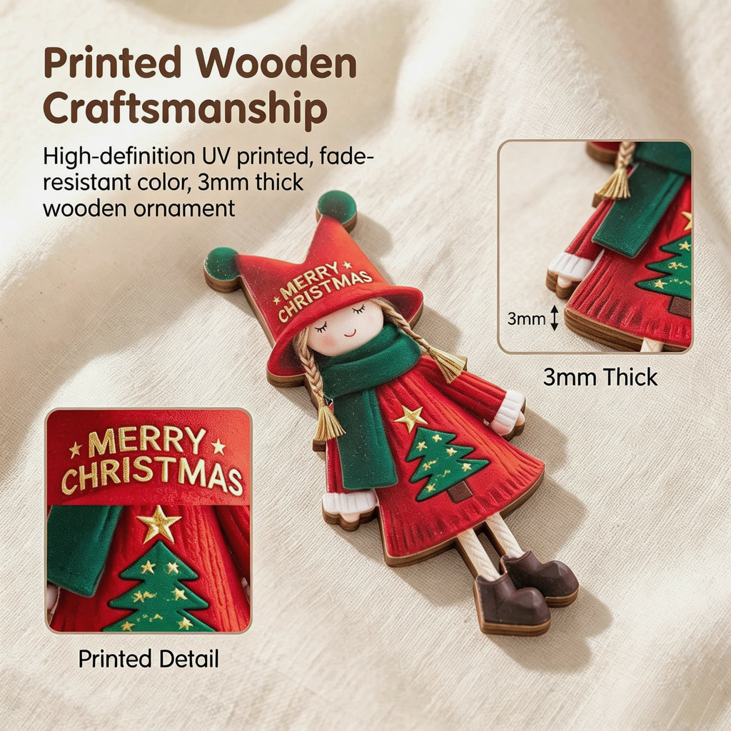 AdornJoy Festive Girl – 3mm Wooden Christmas Ornament, 2D Flat Girl Tree Decoration, 16 Piece Sets