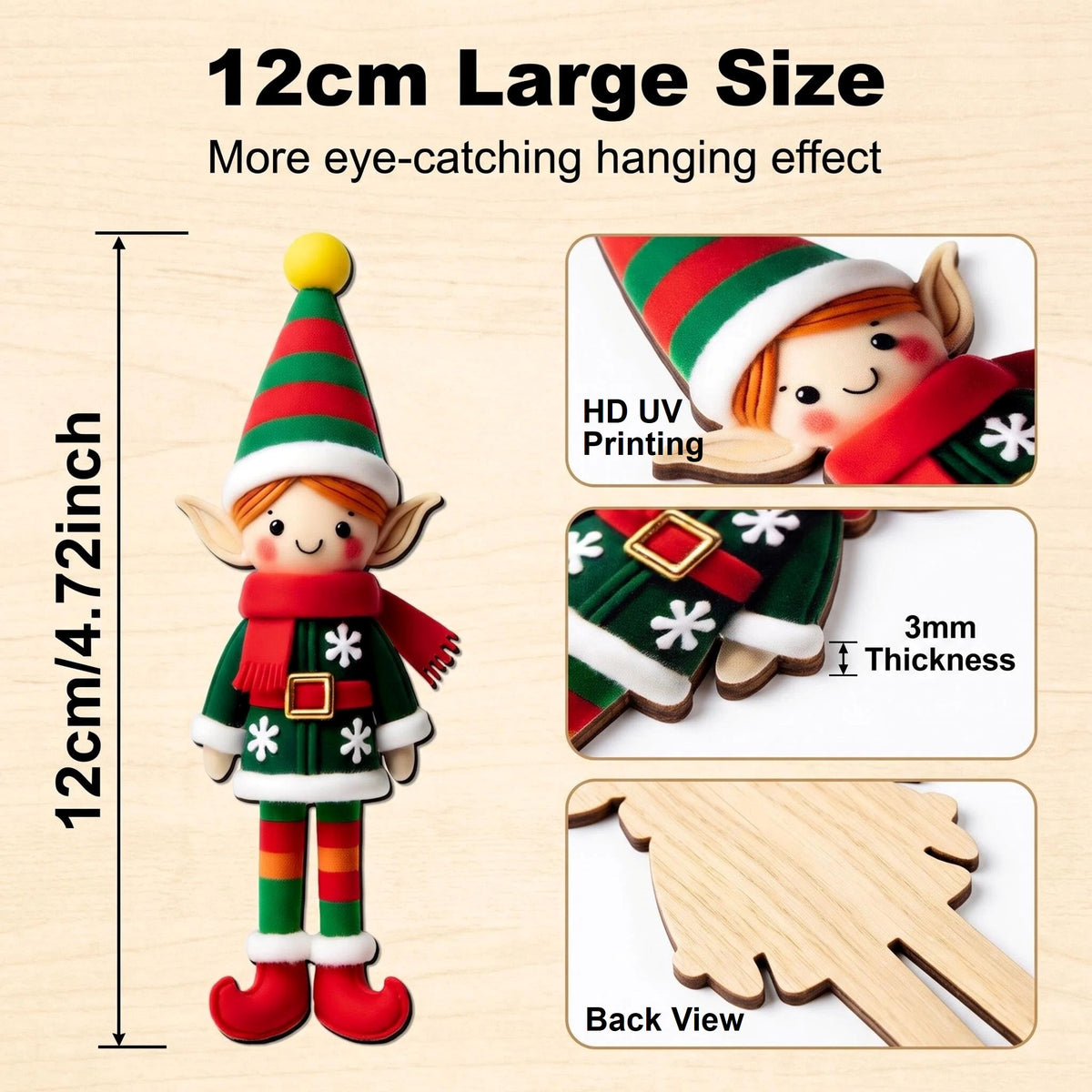 AdornJoy Vibrant Elf – Colorful 3mm Wooden Christmas Ornament, 2D Flat Elf Tree Decoration, 16 Piece Sets