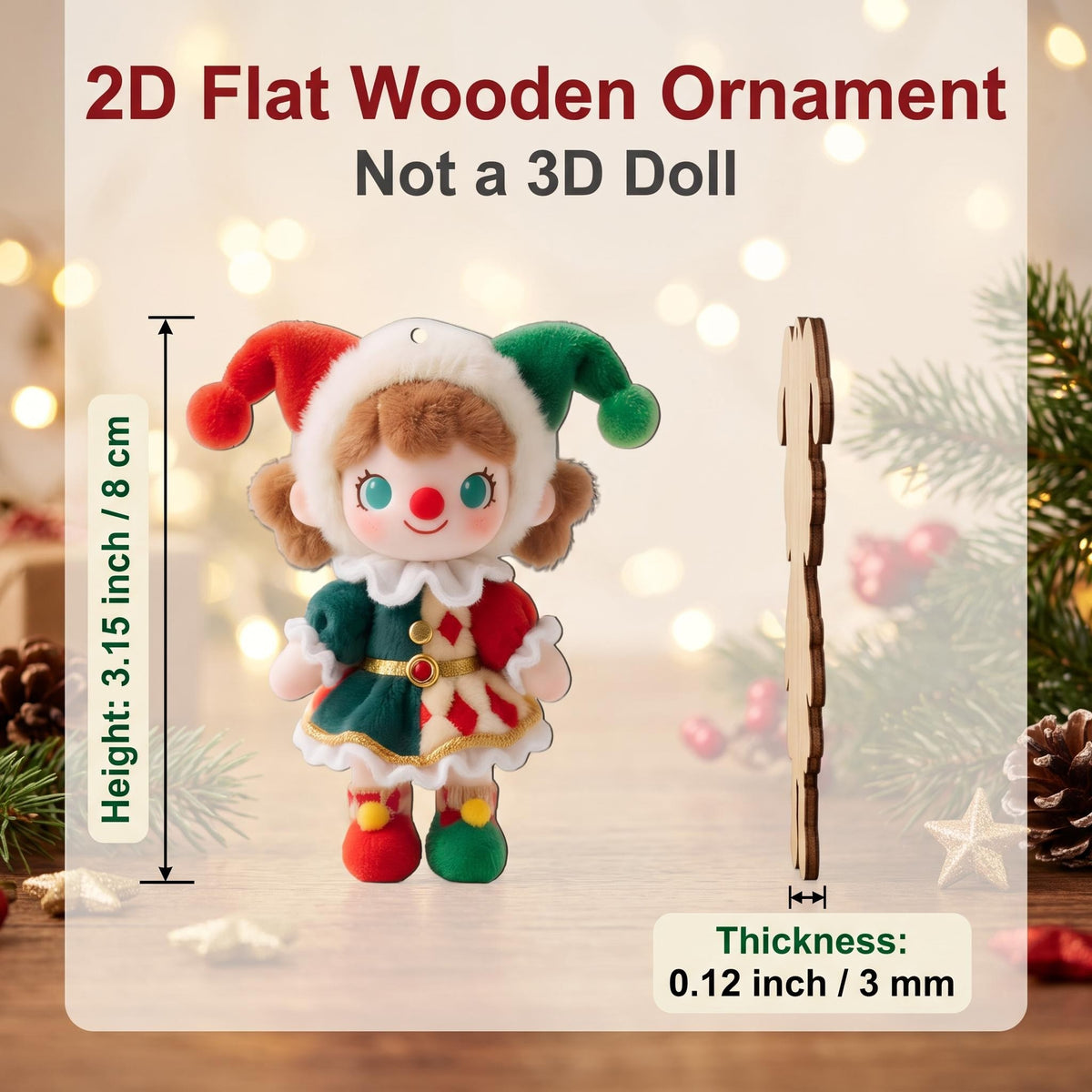 AdornJoy Colorful Circus Clown – 3mm Wooden Christmas Ornament, 2D Flat Circus-Themed Tree Decoration, 18 Piece Sets