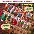 AdornJoy 16 Pcs Reindeer Christmas Ornament Sets - 3mm Wooden 2D Flat Reindeer Tree Ornaments
