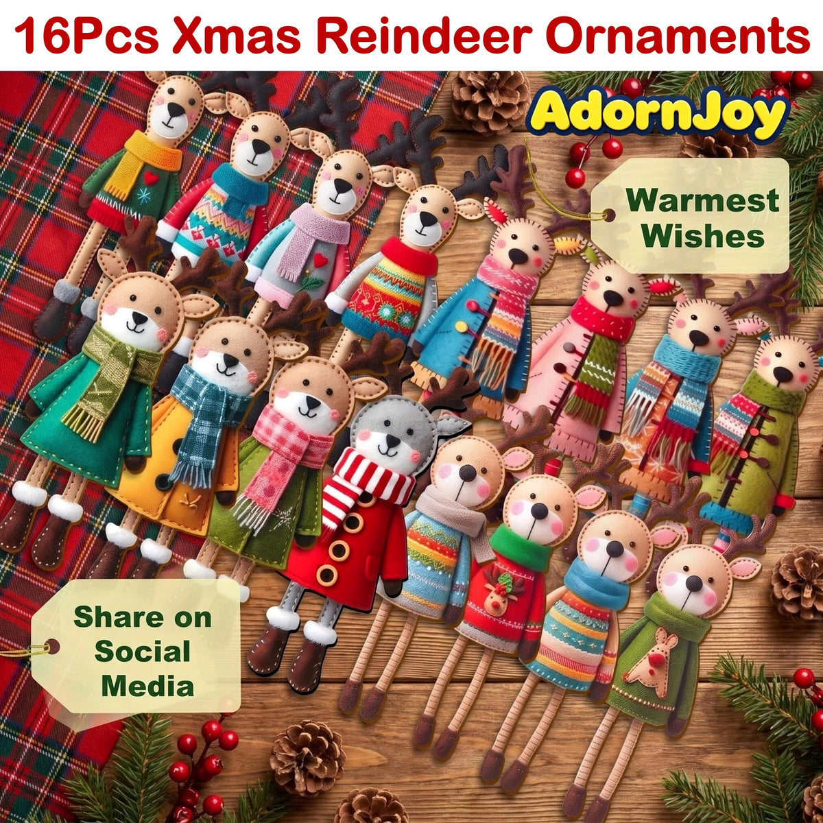 AdornJoy Reindeer – 3mm Wooden Christmas Ornament, 2D Flat Reindeer Tree Decoration, 16 Piece Sets
