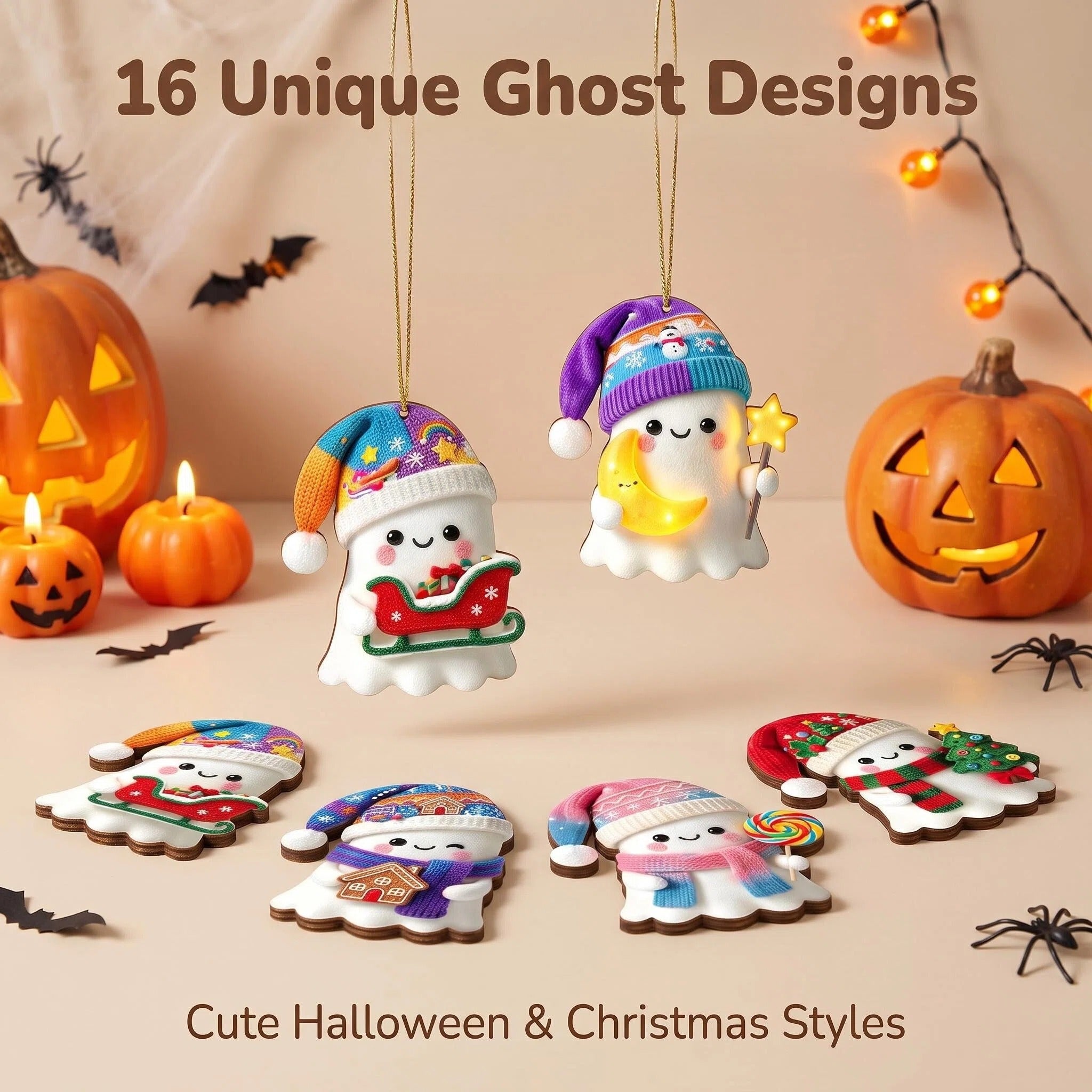 AdornJoy Ghost – 3mm Wooden Halloween & Christmas Ornament, 2D Flat Ghost Tree Decoration, 16 Piece Sets
