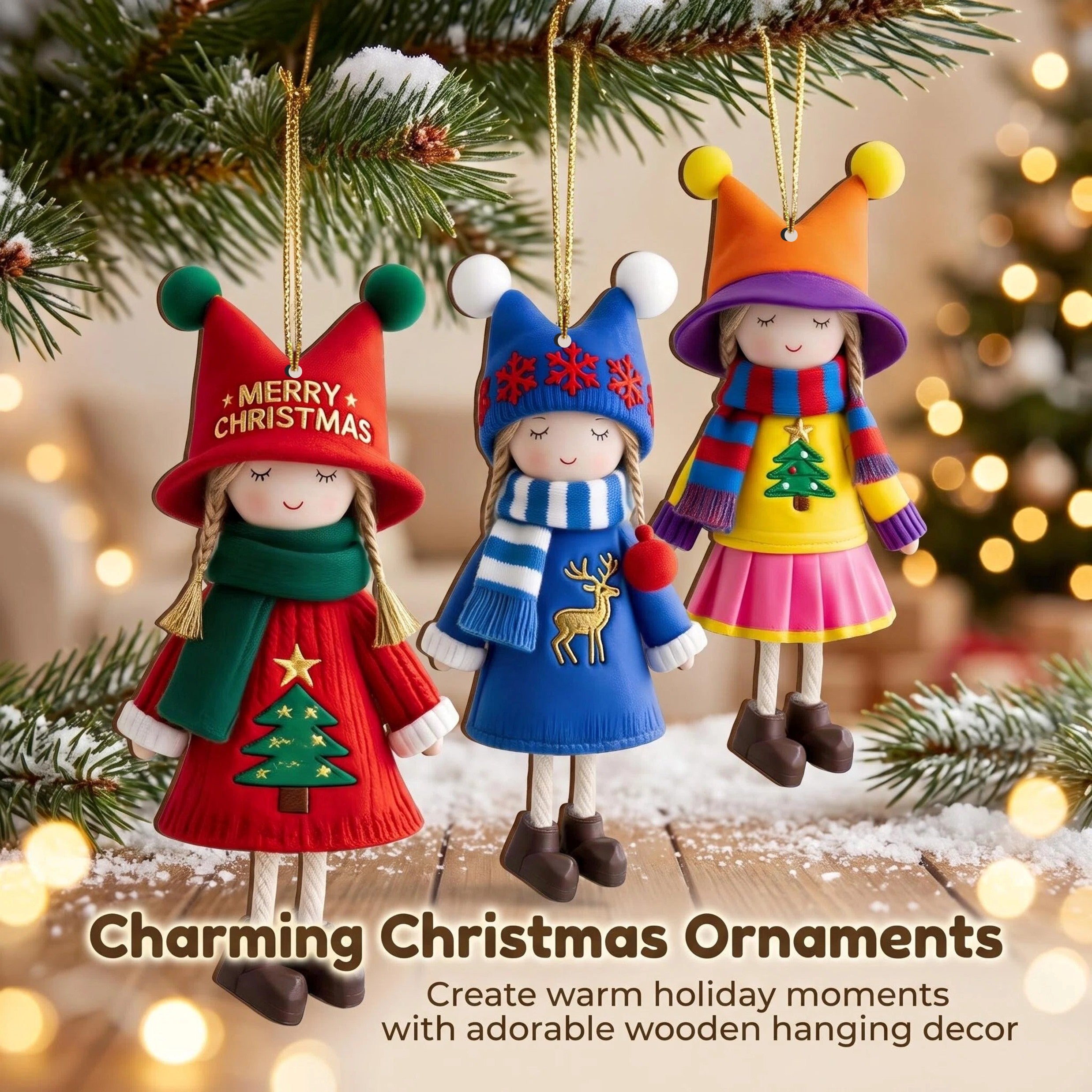 AdornJoy Festive Girl – 3mm Wooden Christmas Ornament, 2D Flat Girl Tree Decoration, 16 Piece Sets