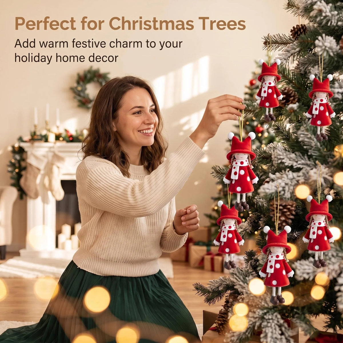 AdornJoy Classic Girl – Red & White 3mm Wooden Christmas Ornament, 2D Flat Girl Tree Decoration, 16 Piece Sets