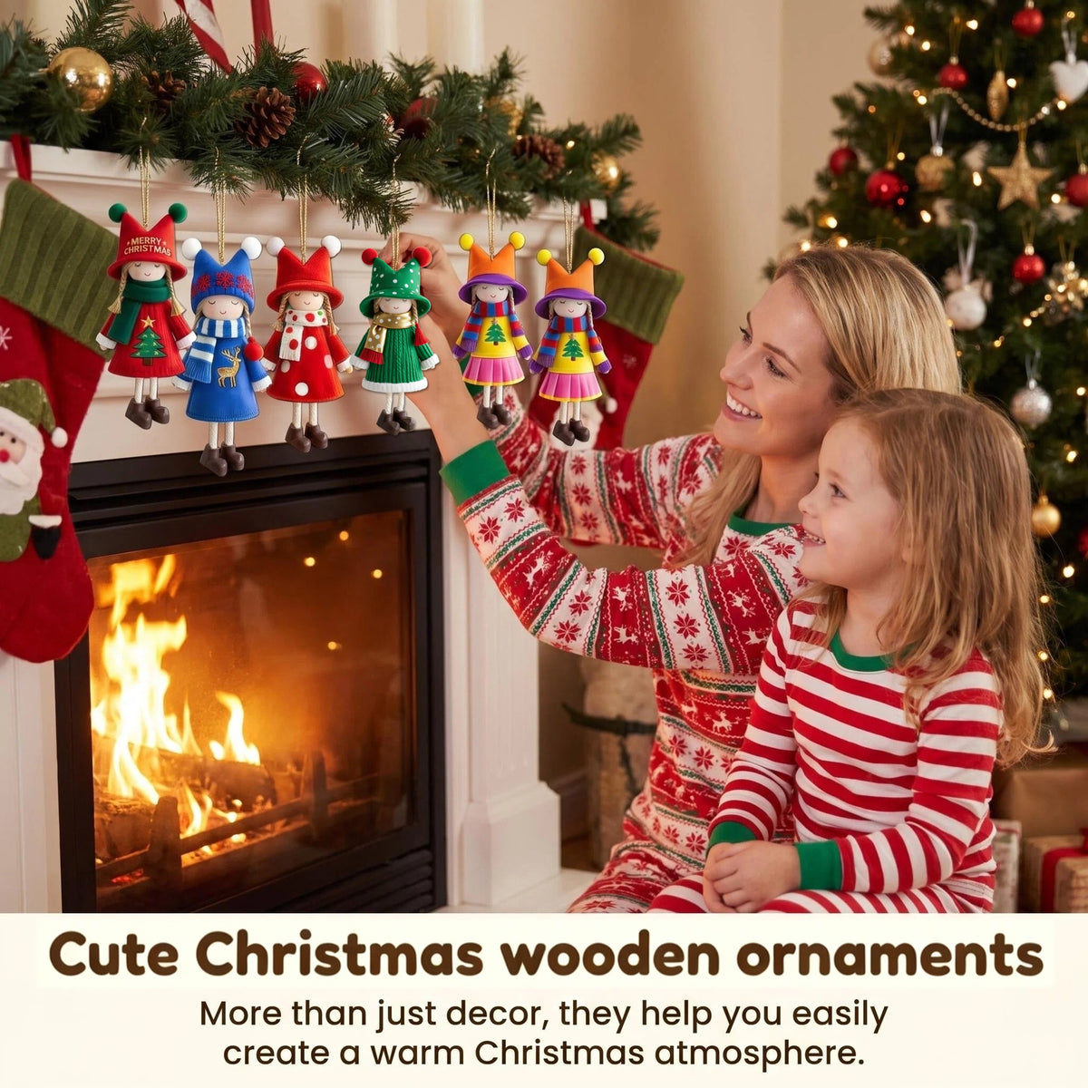 AdornJoy Festive Girl – 3mm Wooden Christmas Ornament, 2D Flat Girl Tree Decoration, 16 Piece Sets