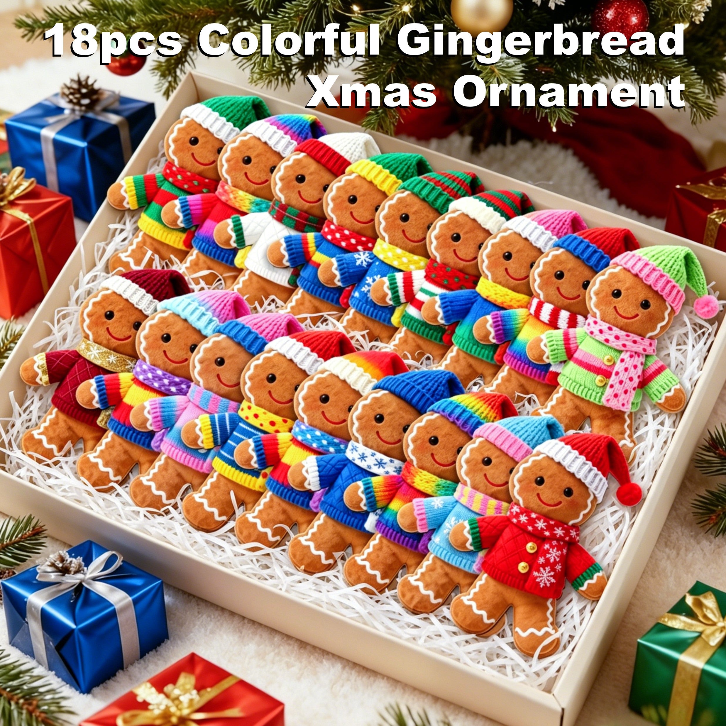 AdornJoy Gingerbread Man – Colorful 3mm Wooden Christmas Ornament, 2D Flat Gingerbread Tree Decoration, 18 Piece Sets