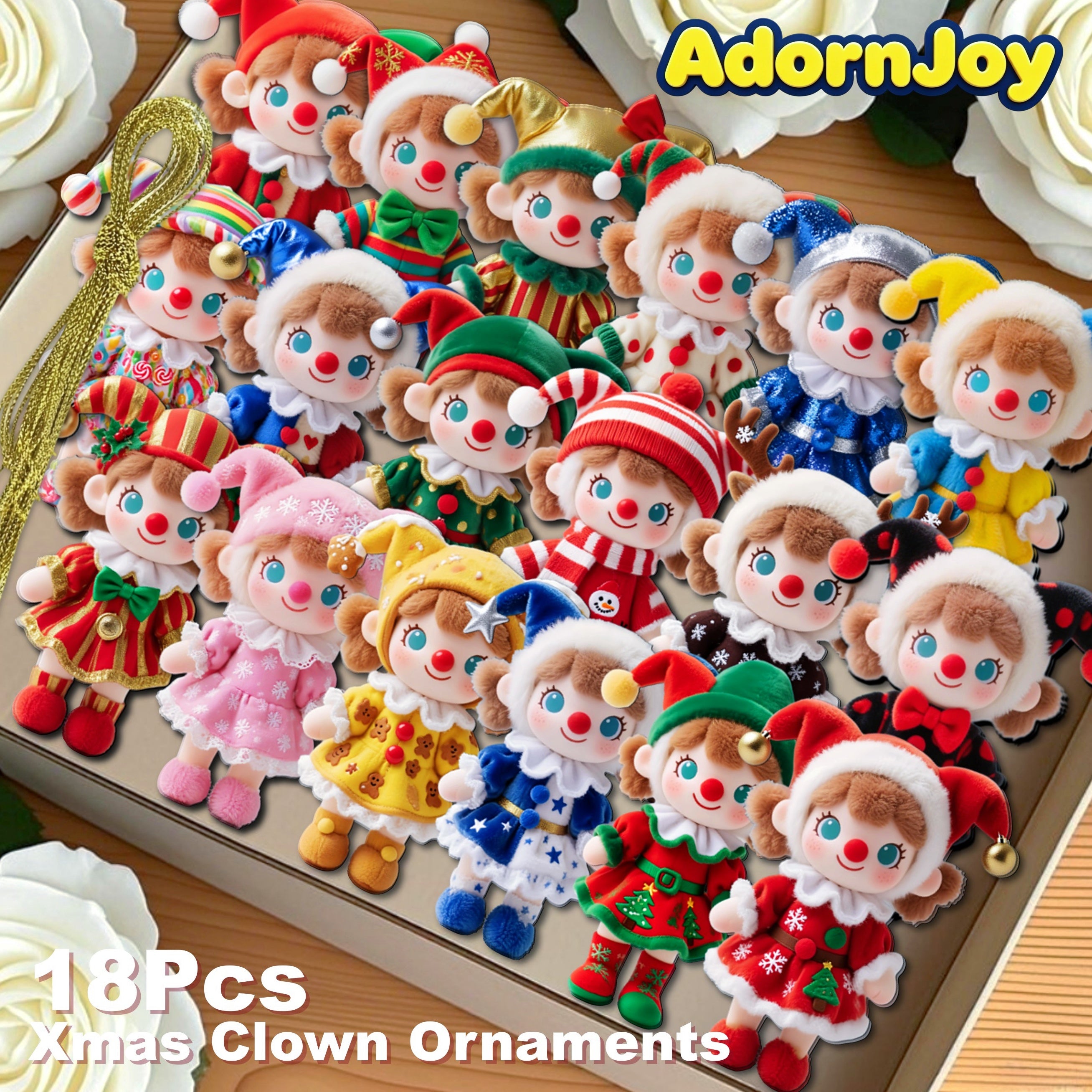 AdornJoy Festive Circus Clown – Colorful 3mm Wooden Christmas Ornament, 2D Flat Circus-Themed Tree Decoration, 18 Piece Sets