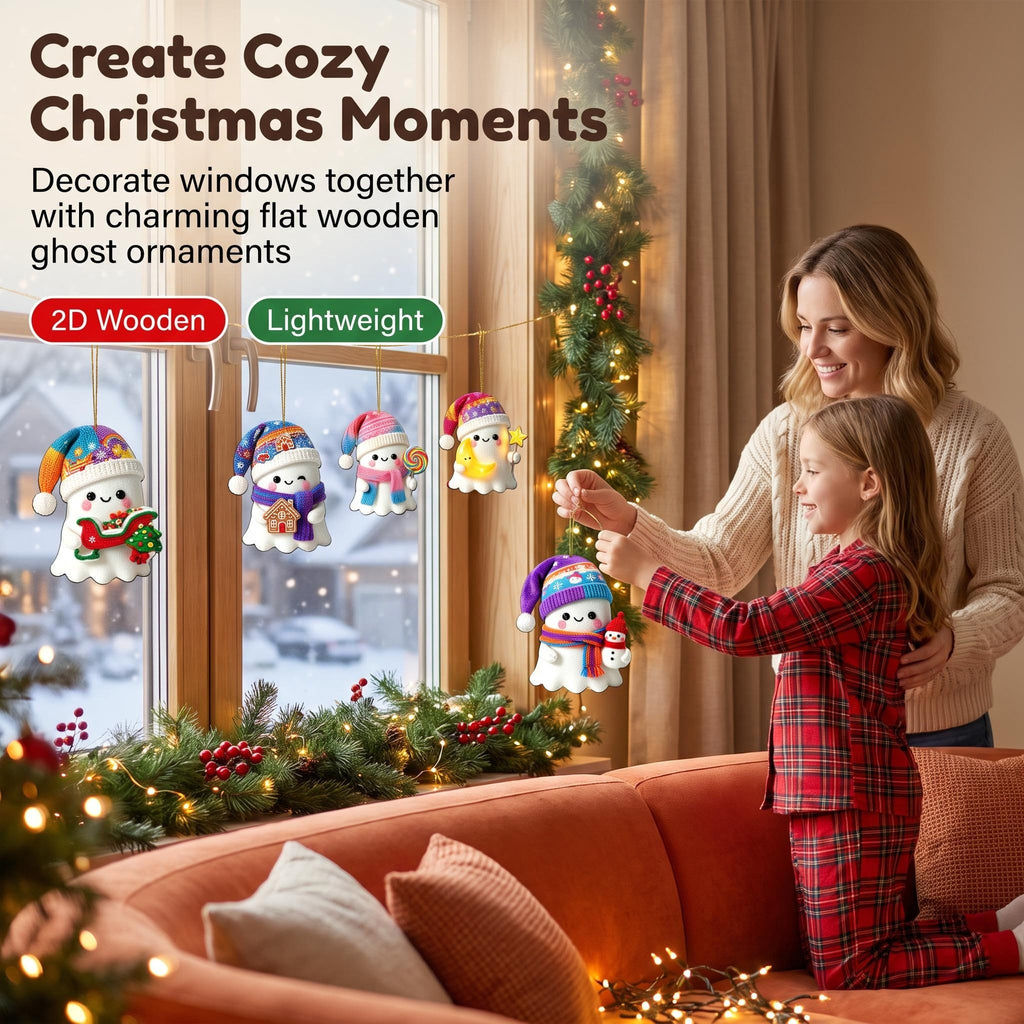 AdornJoy 16 Pcs Ghost Christmas Ornament Sets - 3mm Wooden 2D Flat Ghost Tree Ornaments for Halloween & Christmas