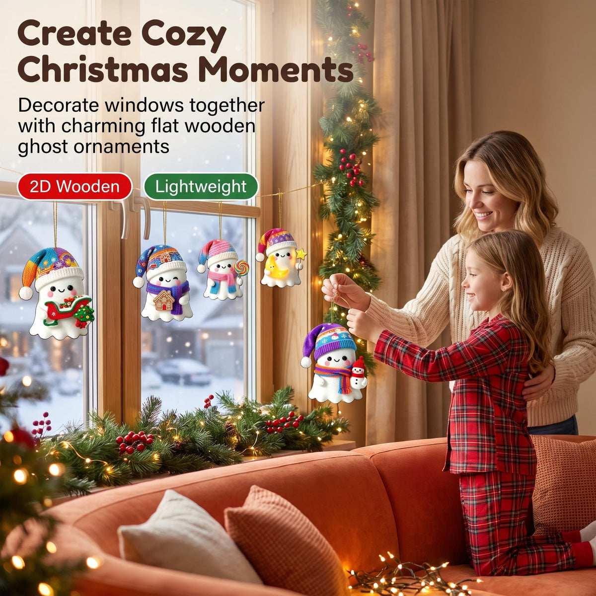 AdornJoy 16 Pcs Ghost Christmas Ornament Sets - 3mm Wooden 2D Flat Ghost Tree Ornaments for Halloween & Christmas