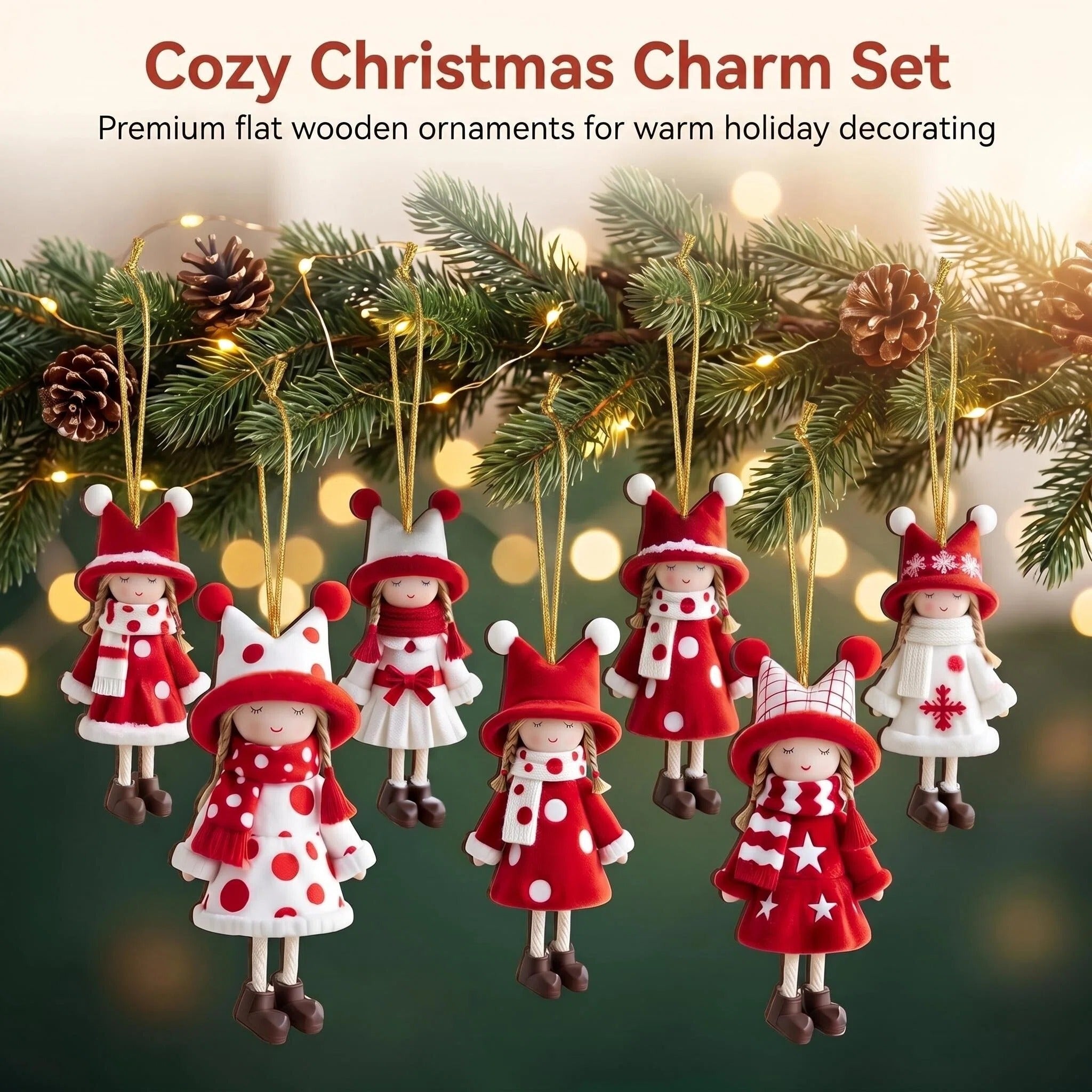 AdornJoy Classic Girl – Red & White 3mm Wooden Christmas Ornament, 2D Flat Girl Tree Decoration, 16 Piece Sets