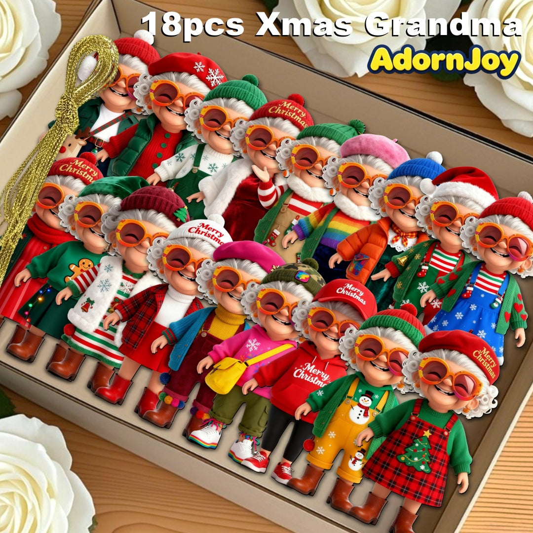 AdornJoy Vintage Grandma – Retro Printed 3mm Wooden Christmas Ornament, 2D Flat Grandma Tree Decoration, 18 Piece Sets