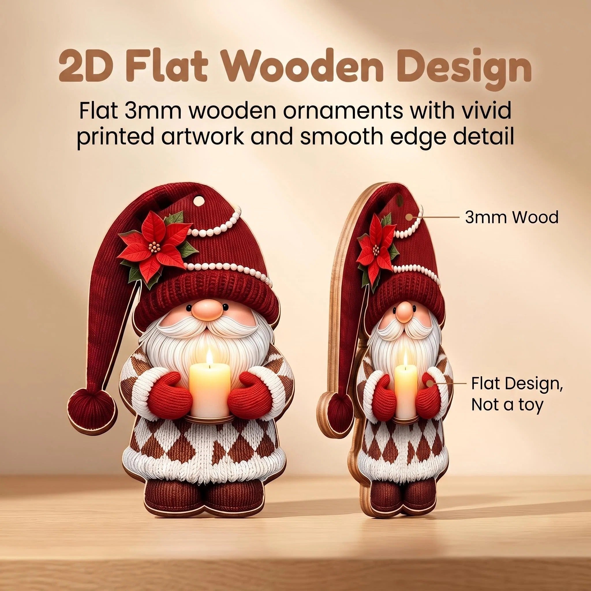 AdornJoy - Rustic Santa Gnome – Colorful 3mm Wooden Christmas Ornament, 2D Flat Santa Gnome Tree Decoration, 16 Piece Sets